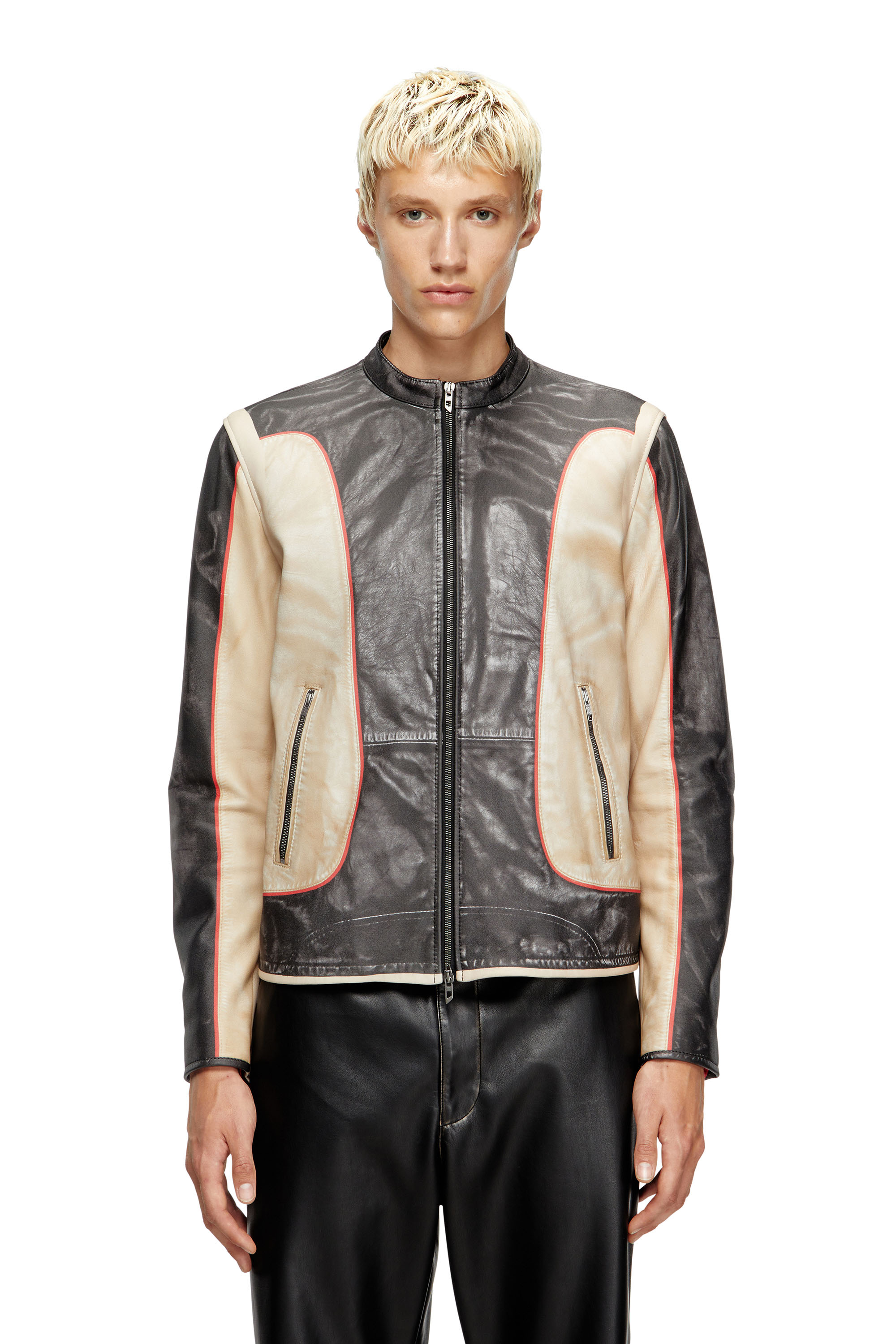 Diesel - L-EVERT, Herren Bikerjacke aus Leder in Trompe l'œil-Optik in Beige/Schwarz - 1