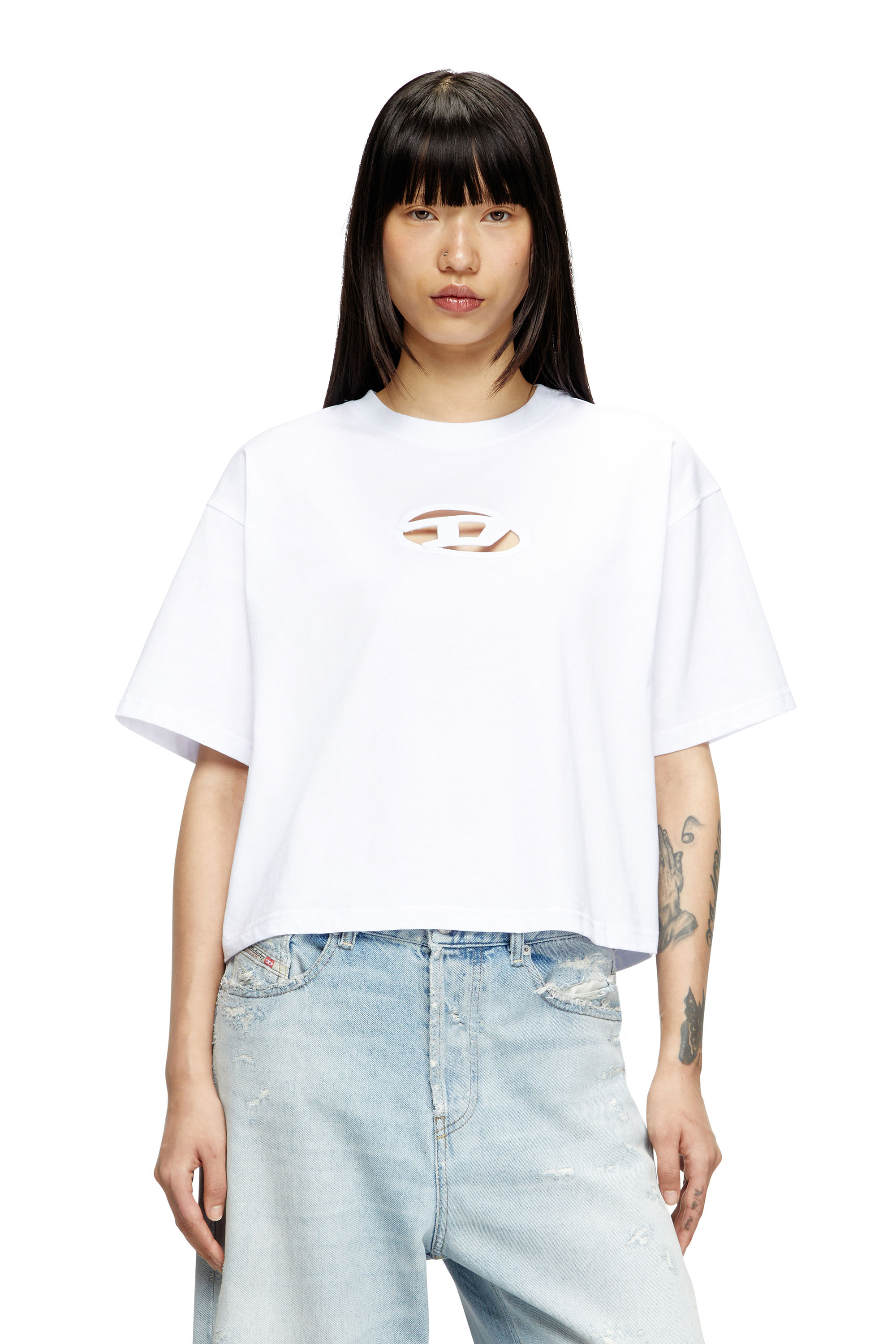 Diesel - T-BUXT-CROP-OD, Damen Kastiges T-Shirt mit ausgeschnittenem Oval D-Logo in Wei&szlig; - 1