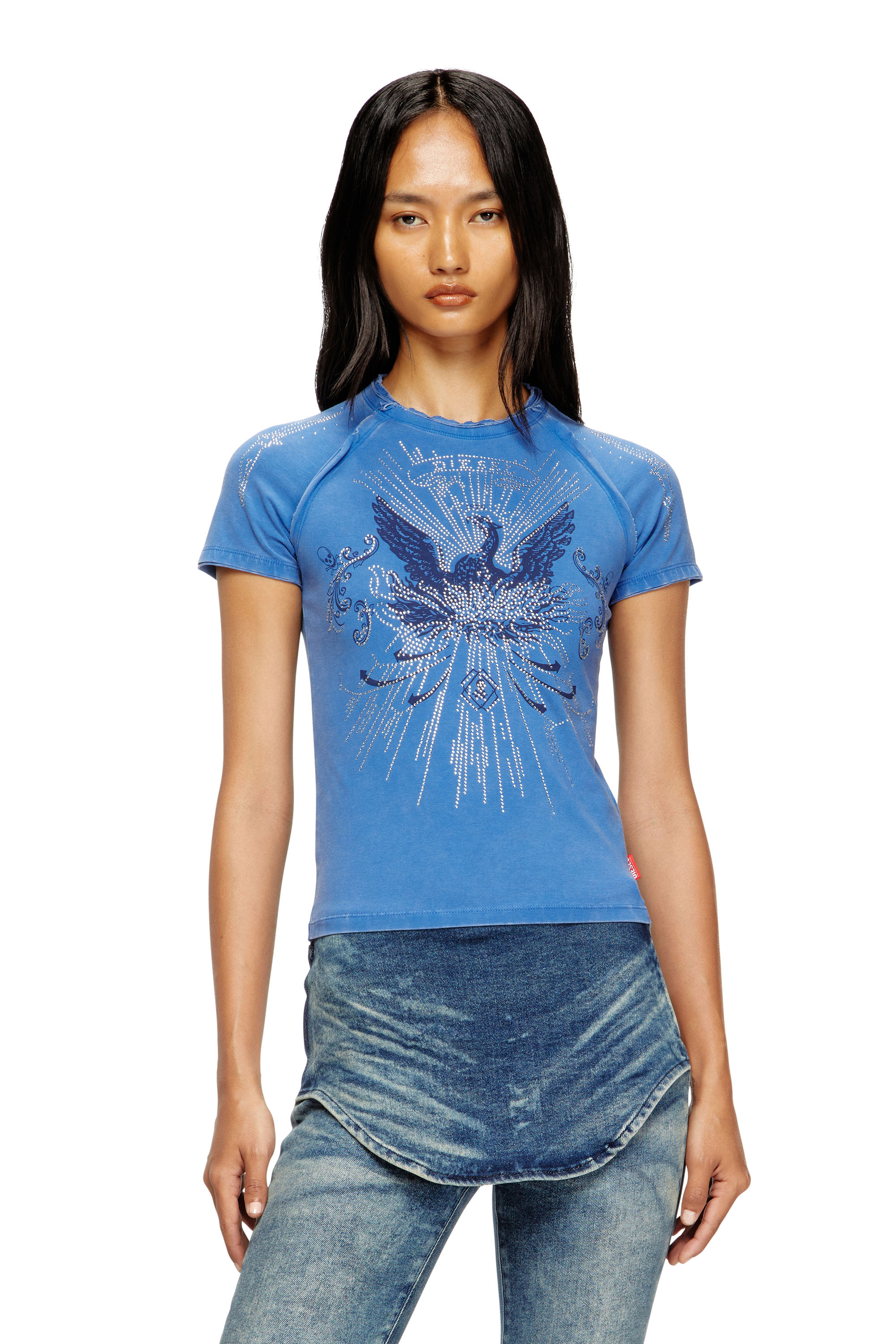 Diesel - T-ROWEENA, Damen Phoenix-T-Shirt mit Strasssteinen in Blau - 3