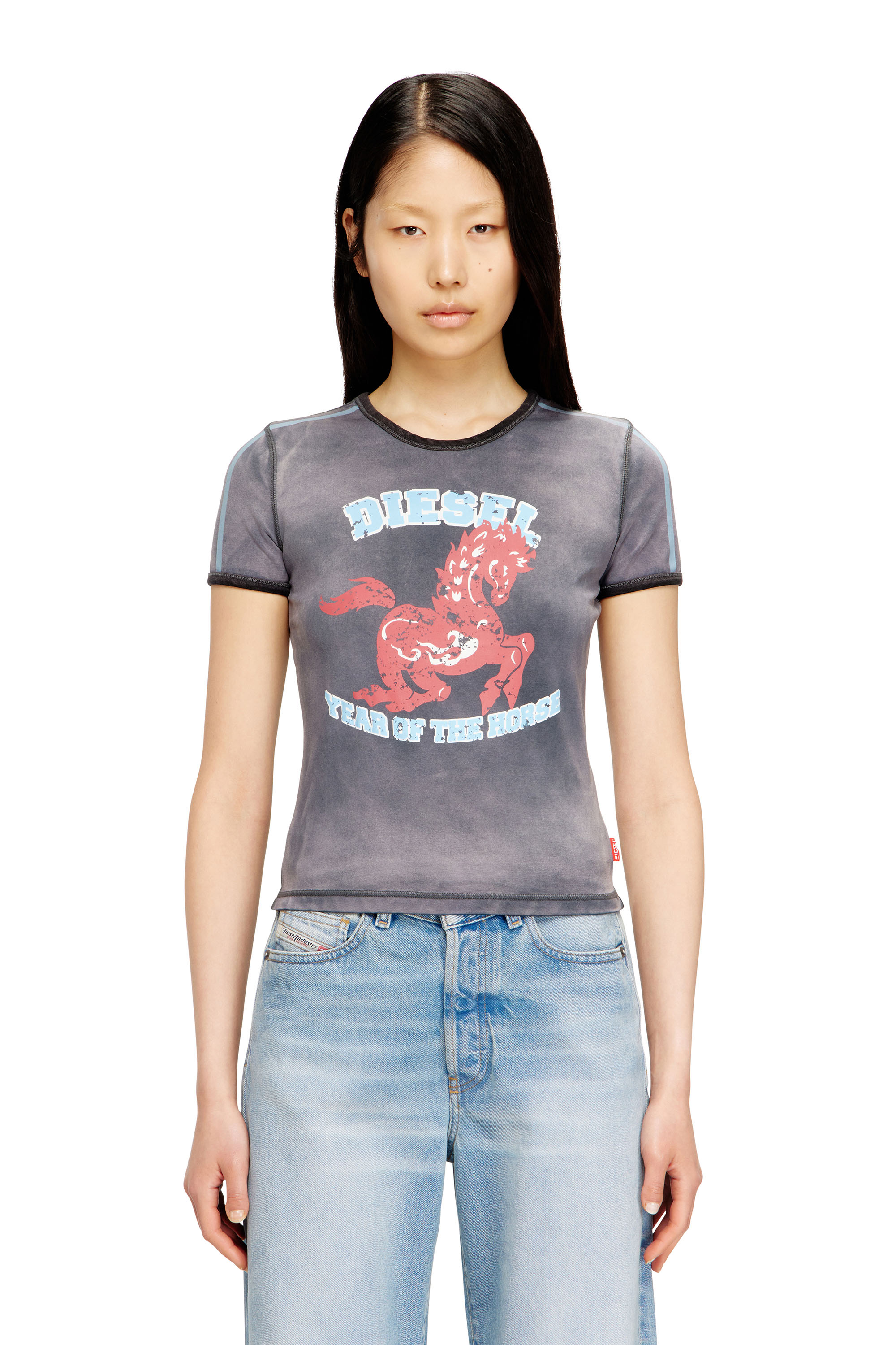 Diesel - CL-T-UNCUTIE-HORSE, Damen Baumwoll-Stretch-T-Shirt mit Pferde-Print in Schwarz - 2