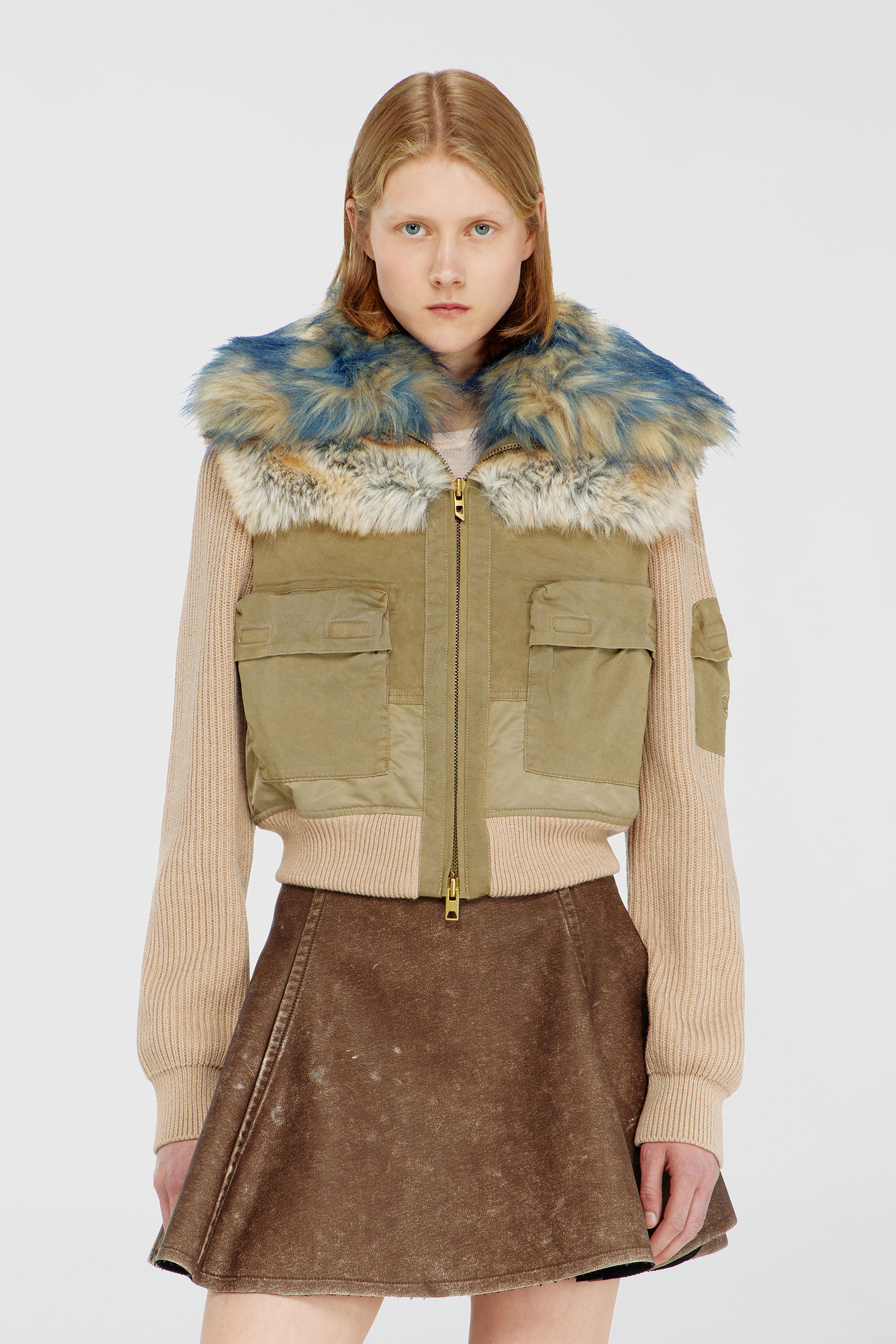 Diesel - G-USTAV, Damen Bomberjacke mit Rippstrick- und Pl&uuml;schbesatz in Beige - 3