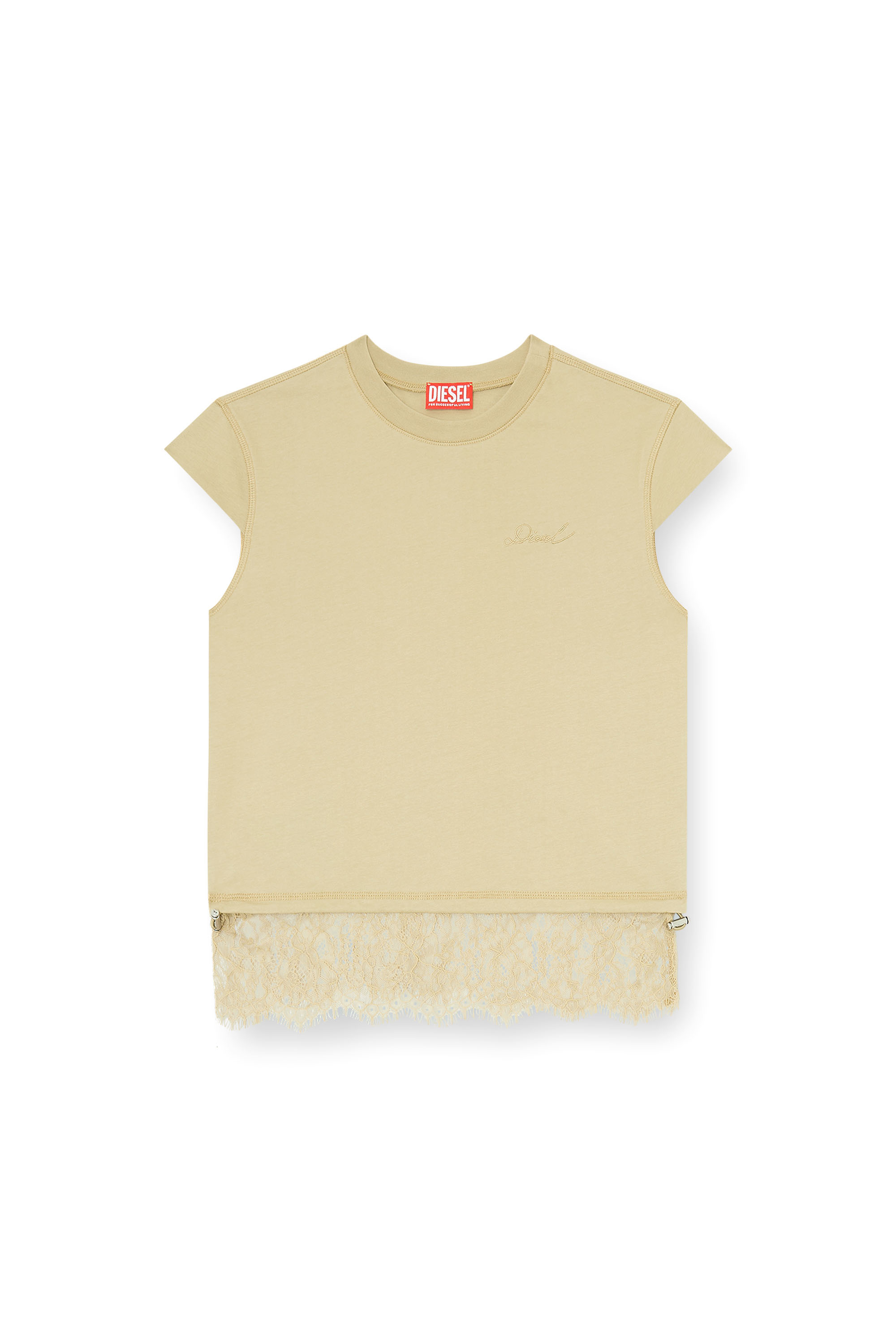 Diesel - T-LUNA, Damen Jersey-Top mit Spitzenbesatz am Saum in Beige - 2