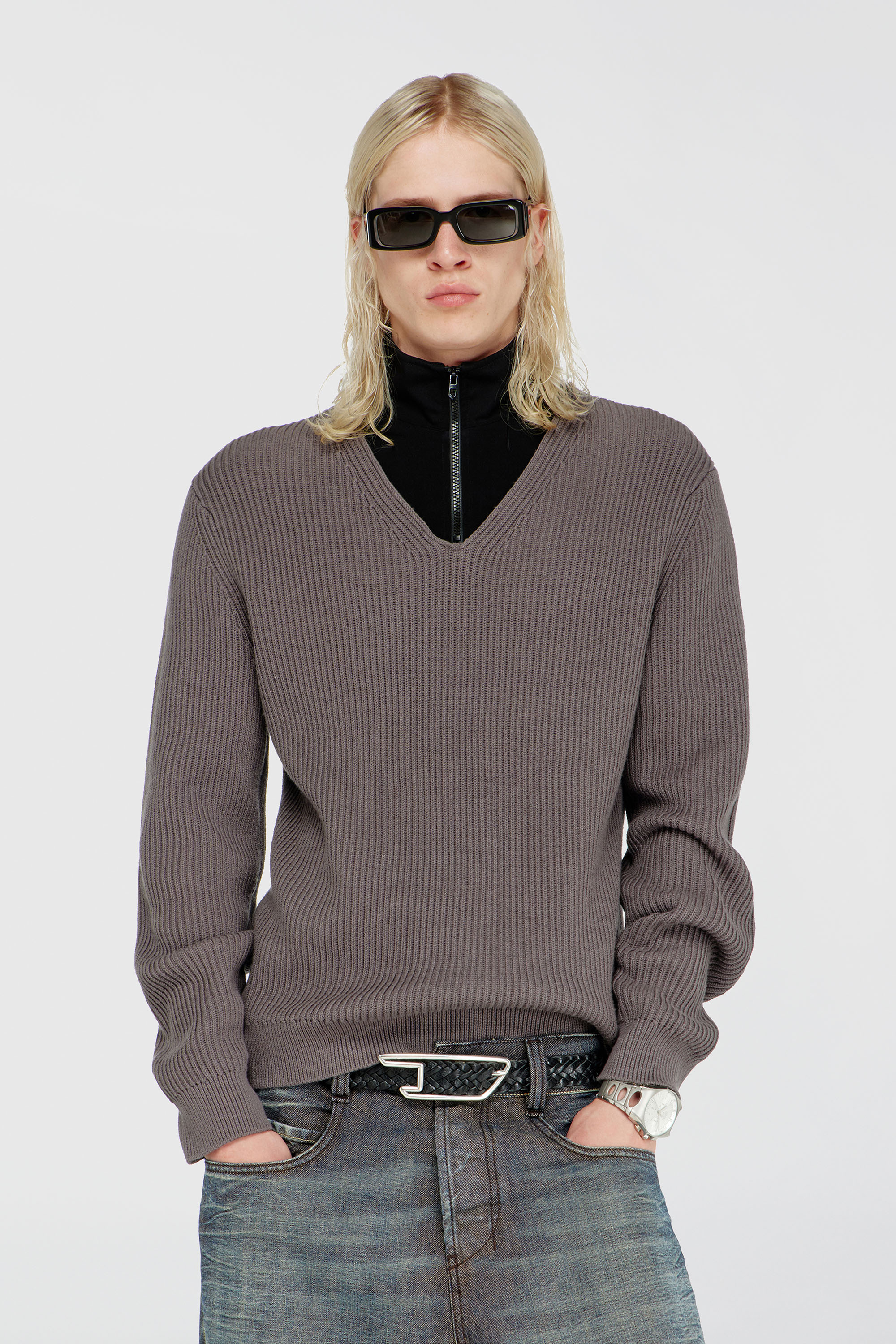 Diesel - K-MAMU, Herren Pullover mit half-zip und doppellagigem Kragen in Schwarz/Grau - 1