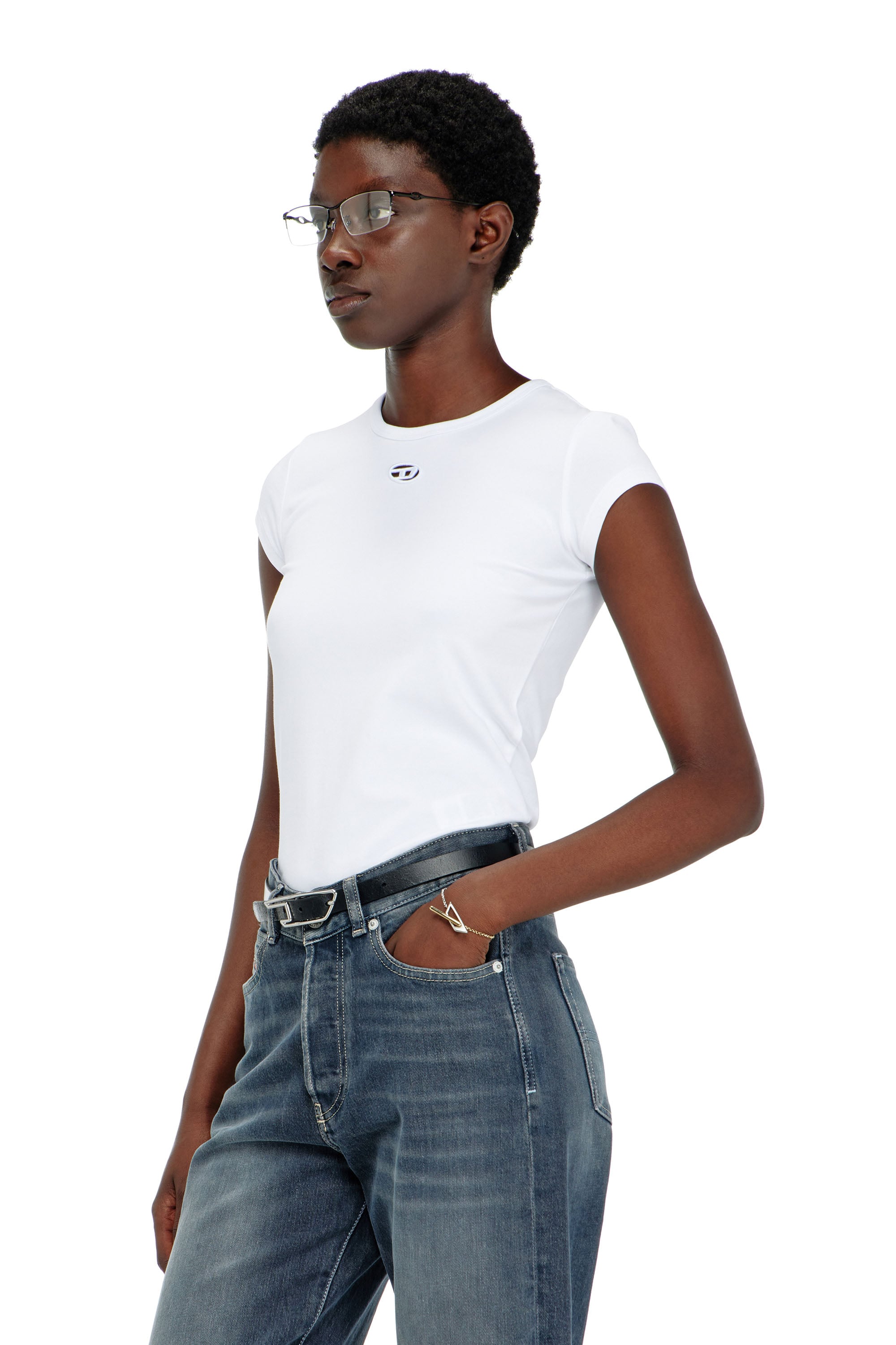 Diesel - T-ANGIE-OD, Damen T-Shirt mit ausgeschnittenem, besticktem Logo in Wei&szlig; - 1