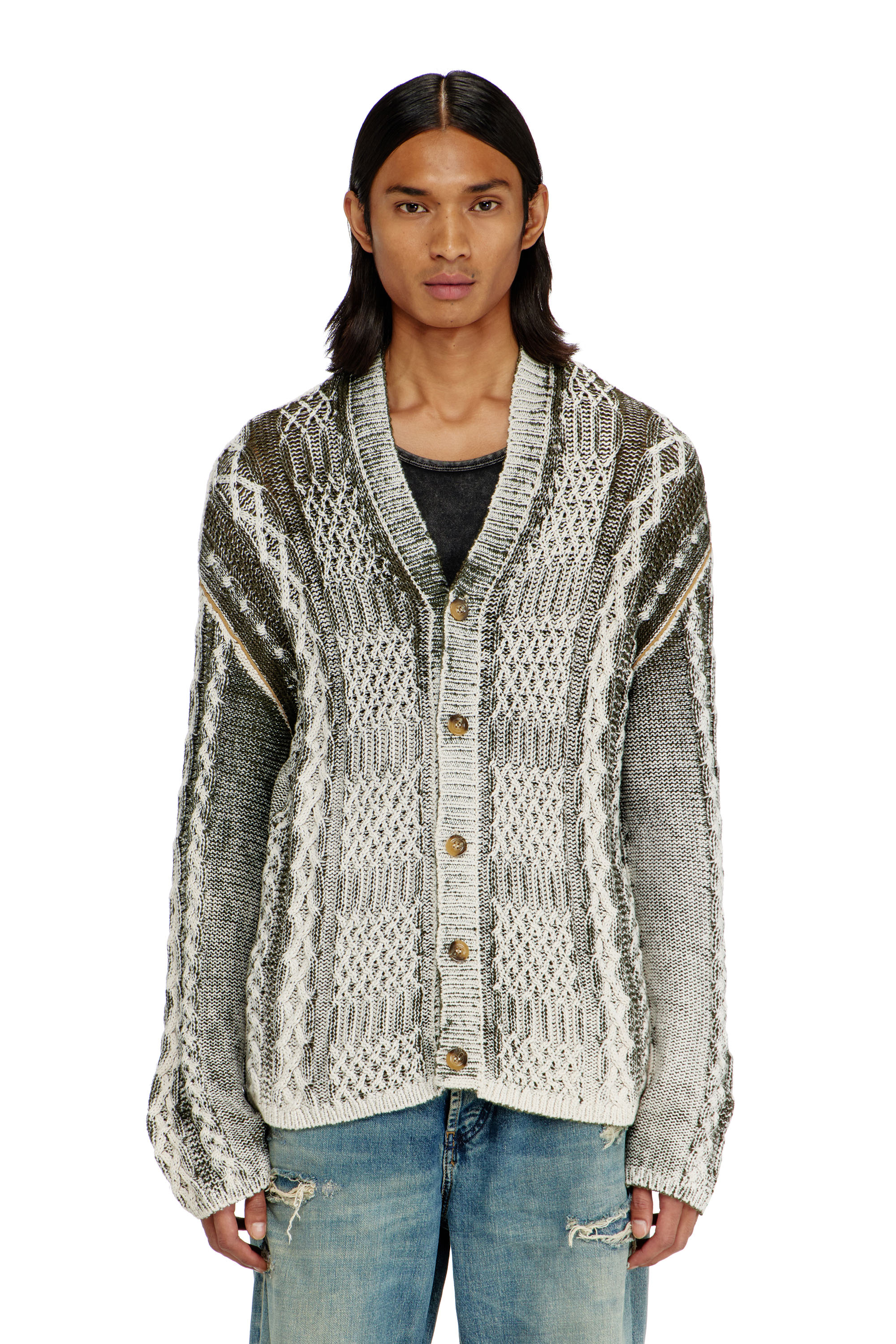 Diesel - K-MIOTO, Herren Behandelter Cardigan aus Zopfmusterstrick in Weiss/Grau - 1