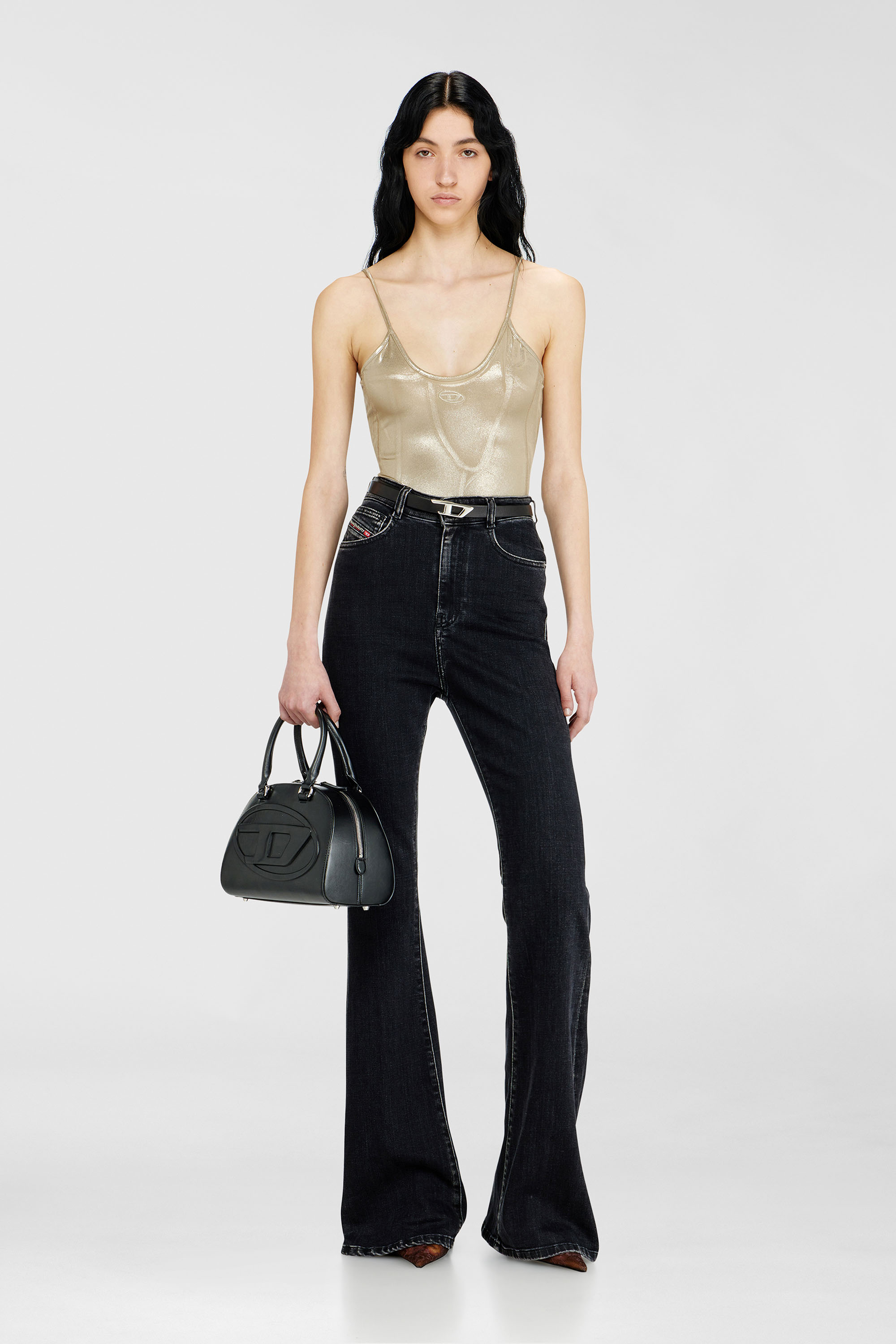 Diesel - T-IMYNY, Damen Gl&auml;nzender Jersey-Body mit Rundhalsausschnitt in Gold - 1