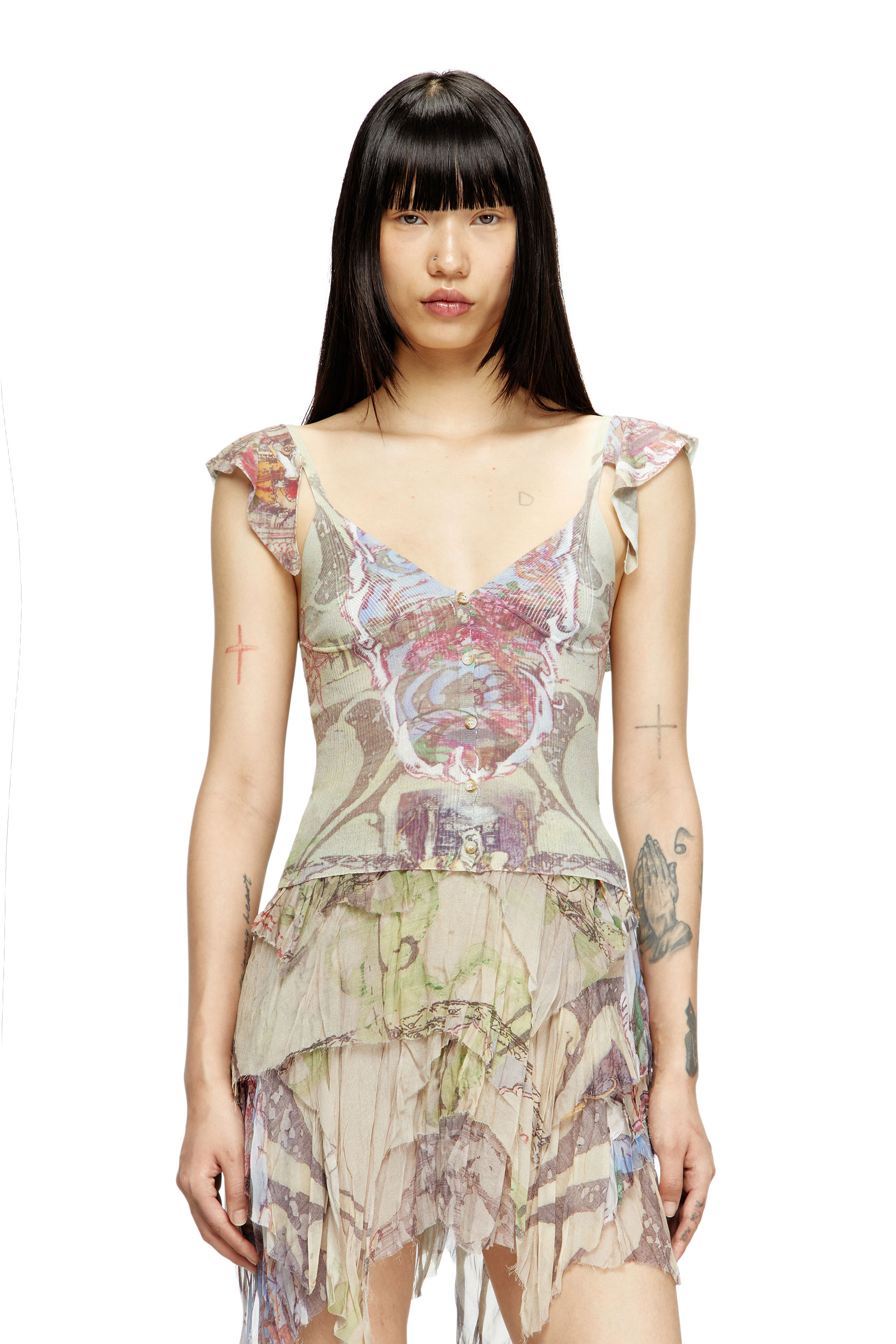 M-FIORE, Beige Diesel - M-FIORE, Damen Stricktop mit gerüschten Schultern und mittelalterlichem Print in Beige - 3