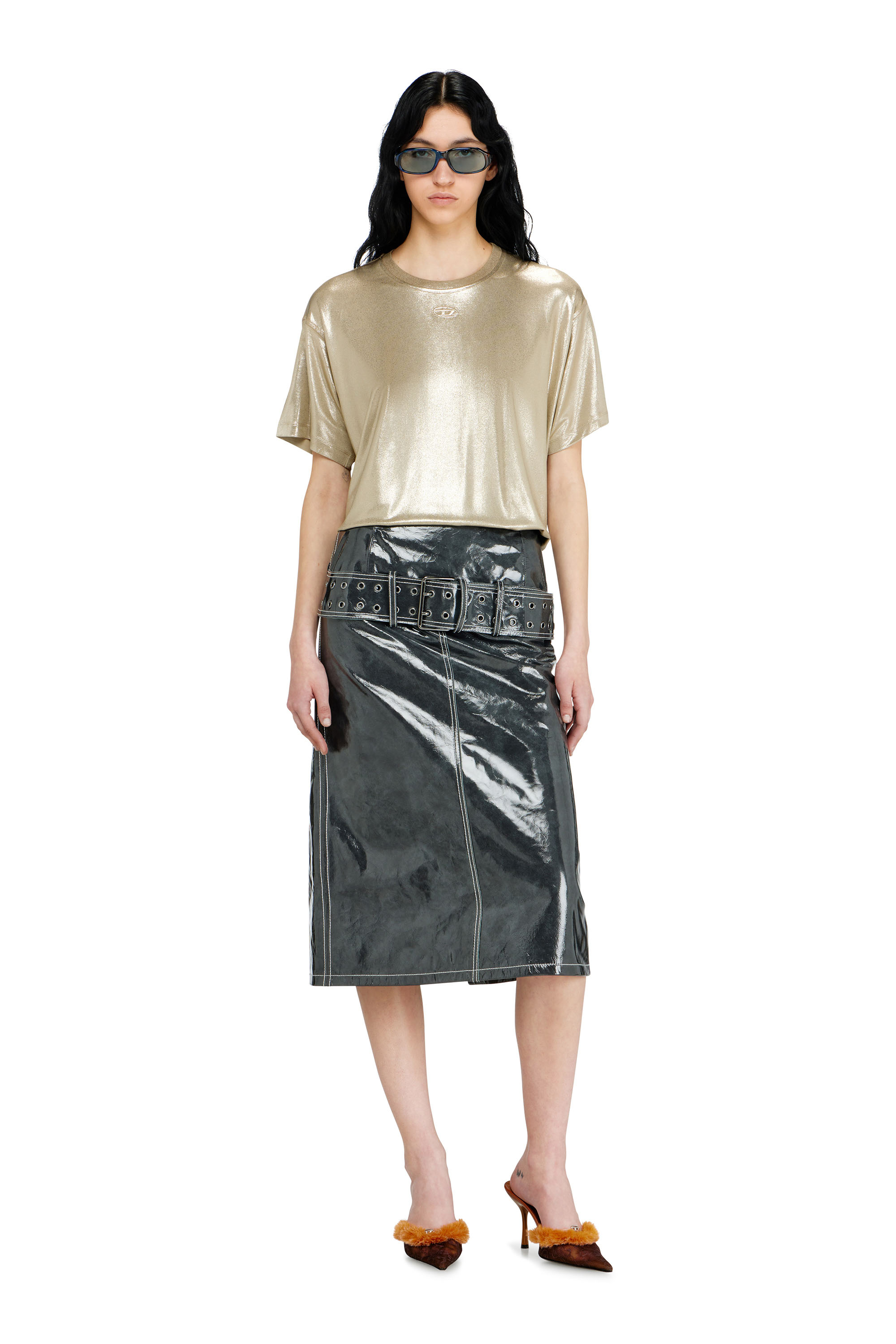 Diesel - T-NORMY-AA2, Woman's Jersey T-shirt with metallic finish in Beige - 2