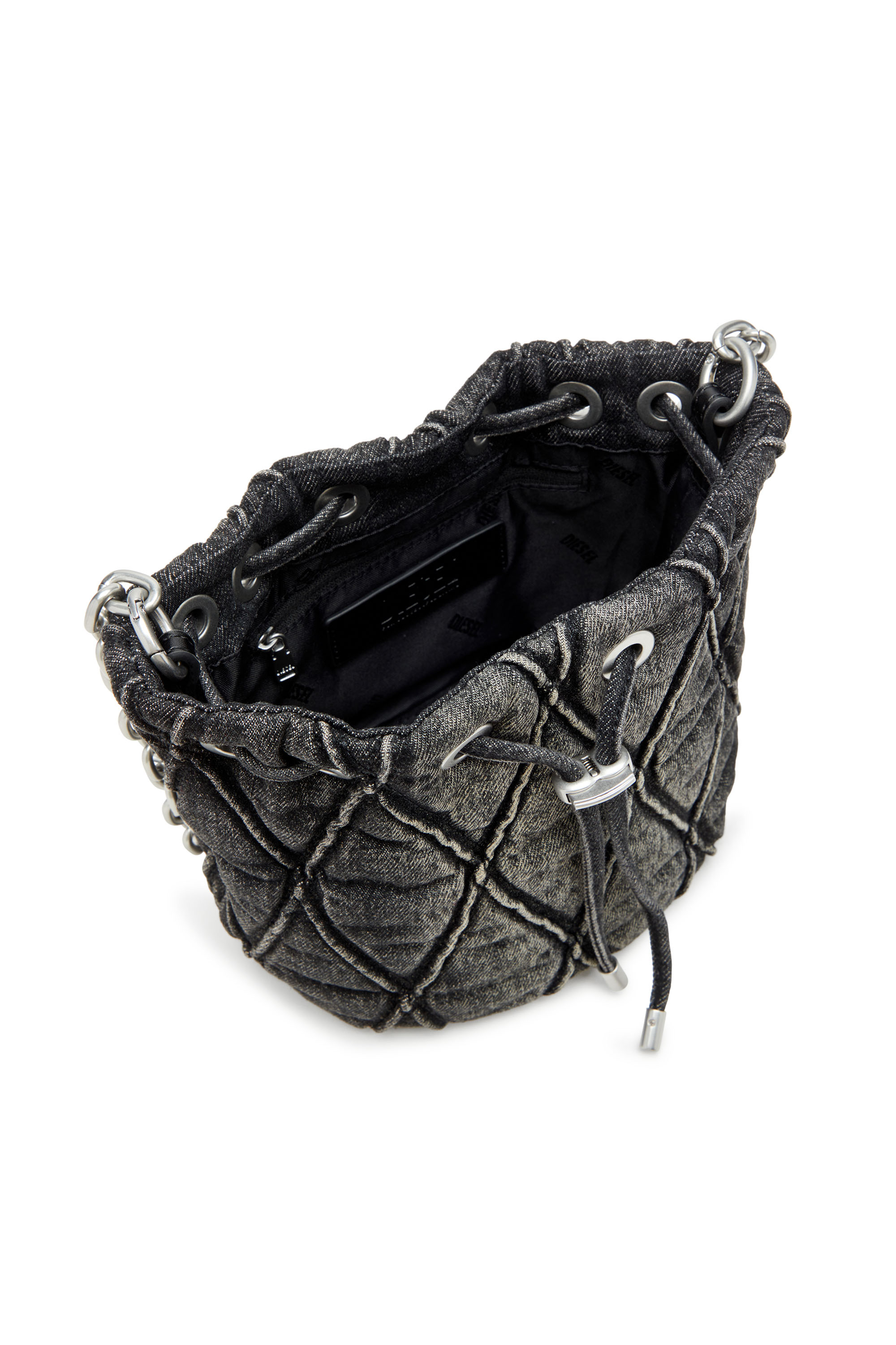 Diesel - CHARM-D BUCKET S, Damen Charm-D S-Mini-Beuteltasche aus behandeltem, gestepptem Denim in Schwarz - 3