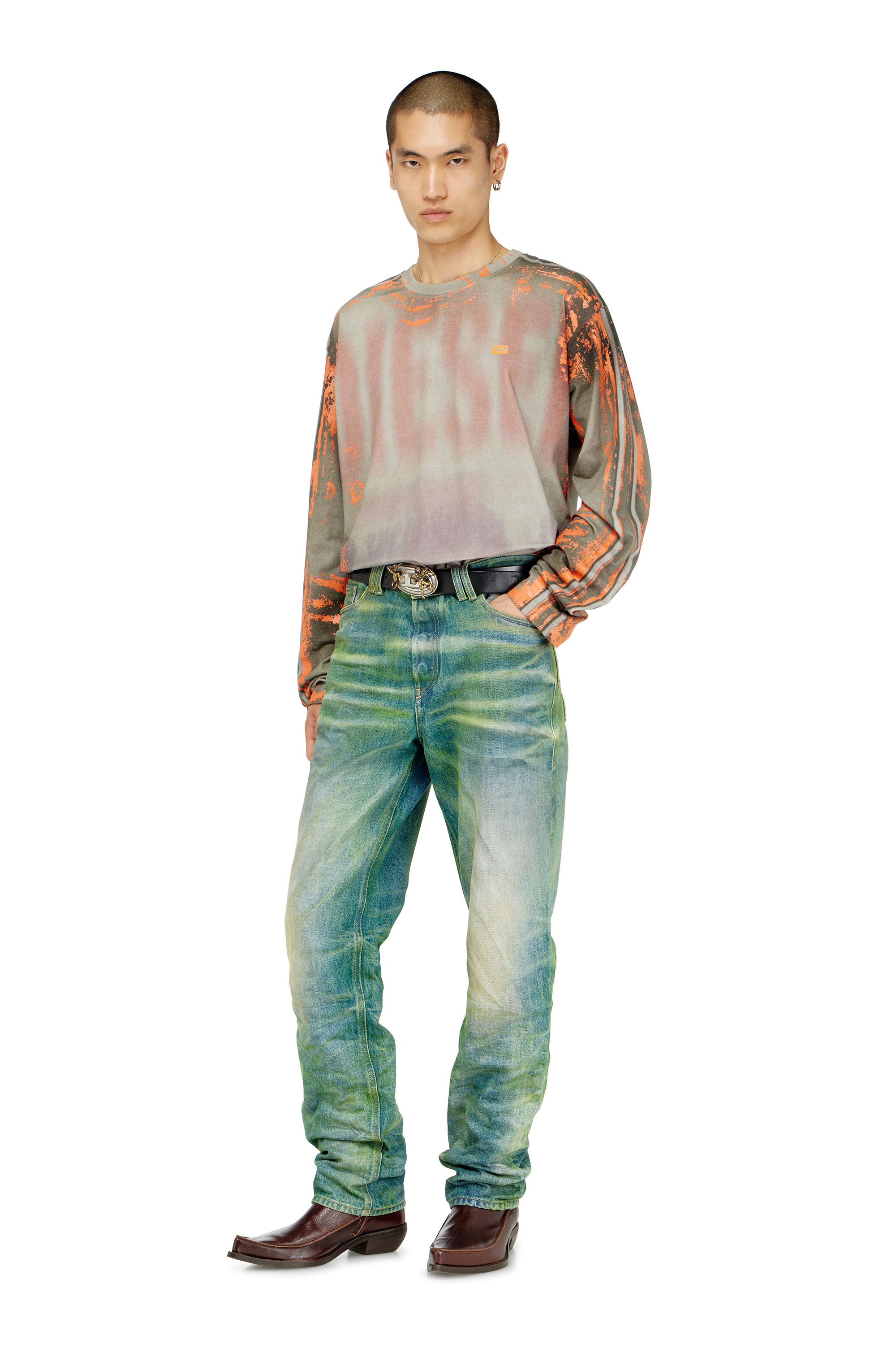 Diesel - T-FILMY, Herren Langarmshirt aus Cracked Jersey in Rosa/Grau - 1