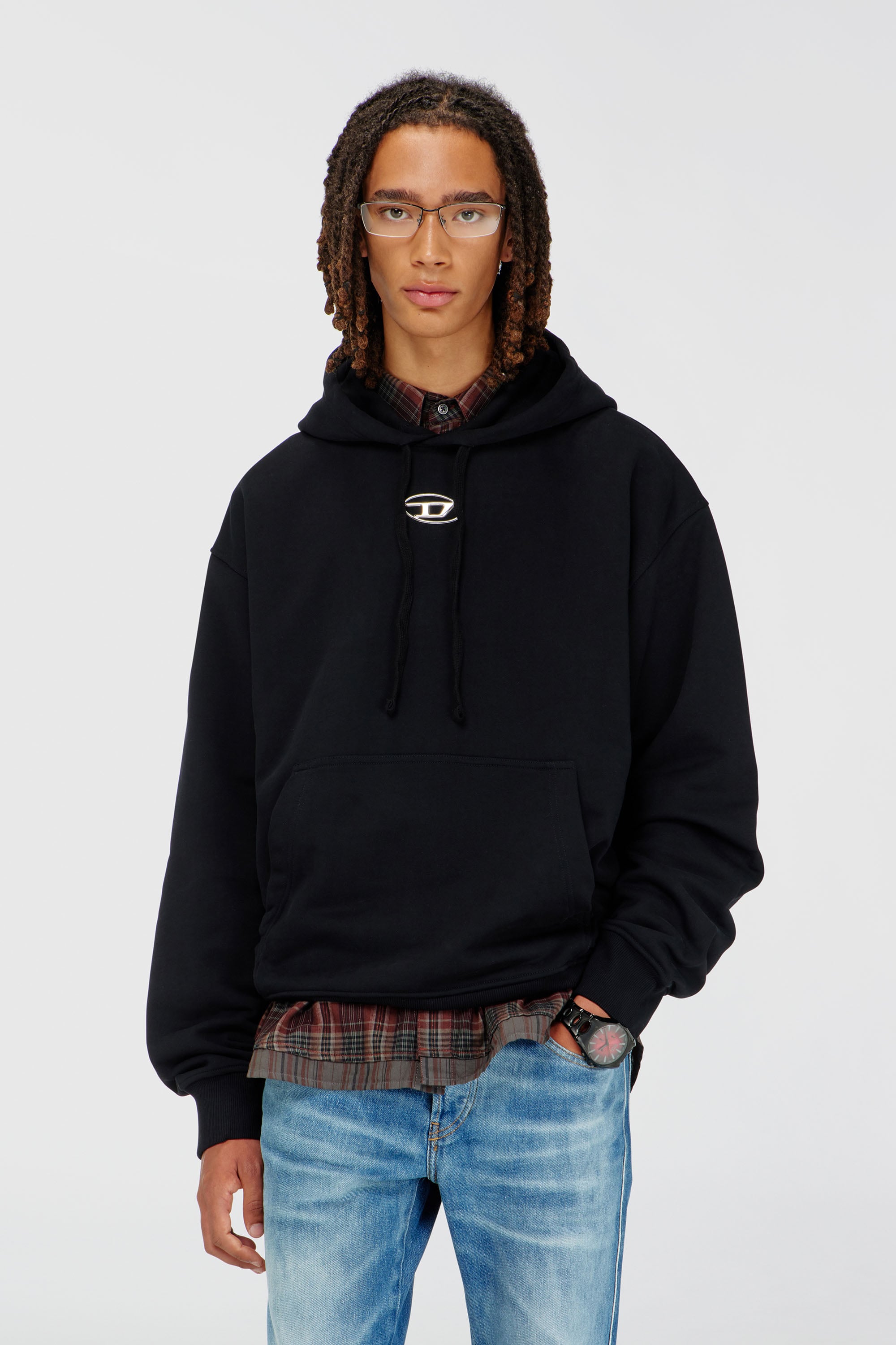 Diesel - S-MACS-HOOD-OD, Herren Hoodie in &Uuml;bergr&ouml;&szlig;e mit Metallic-Logo in Schwarz - 1