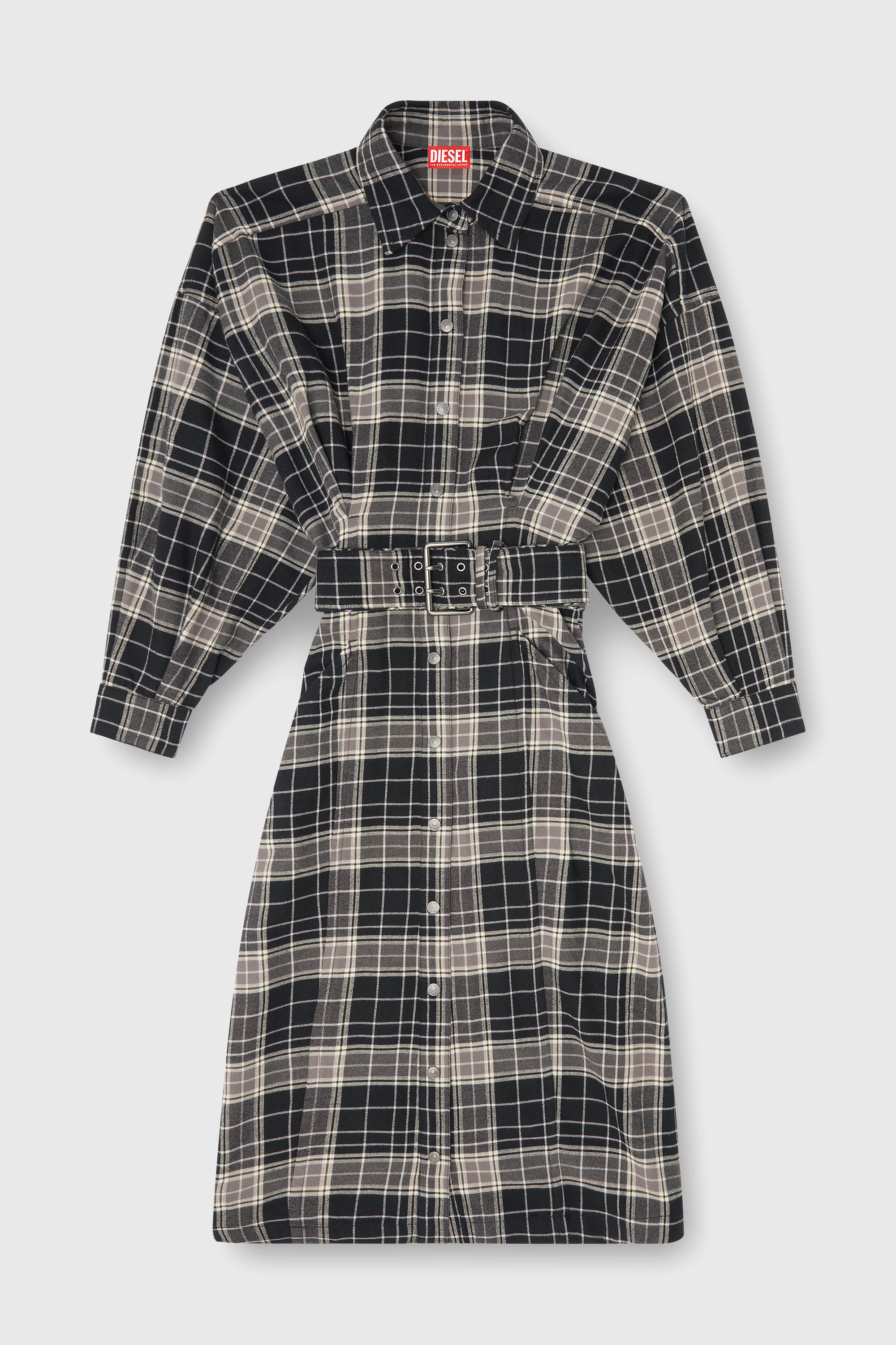 Diesel - D-EDALUS, Damen Midikleid aus kariertem Flanell mit breitem G&uuml;rtel in Grau/Schwarz - 1