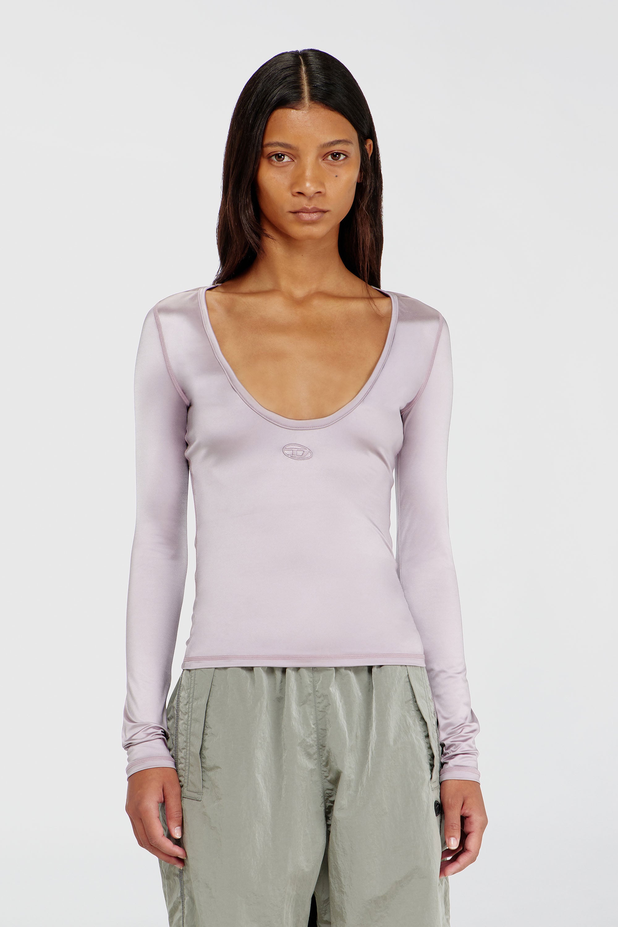 Diesel - T-ELPHIN-LS, Damen Nylon slim top mit Rundhalsausschnitt und Logo Oval D Stickerei in Lila - 1