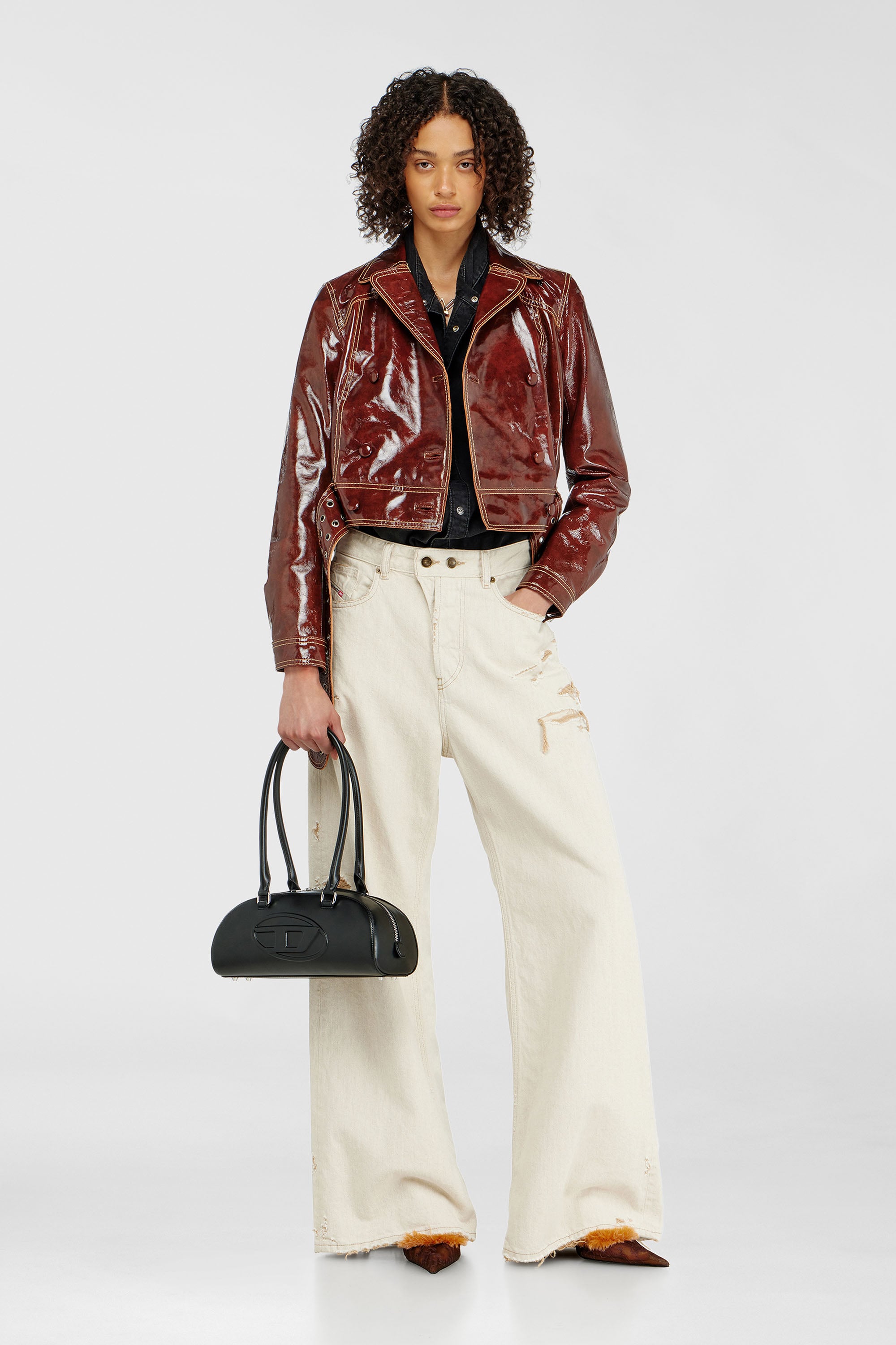 Diesel - L-EGEND, Damen Patent-leather jacket mit gro&szlig;em G&uuml;rtel in Braun - 2