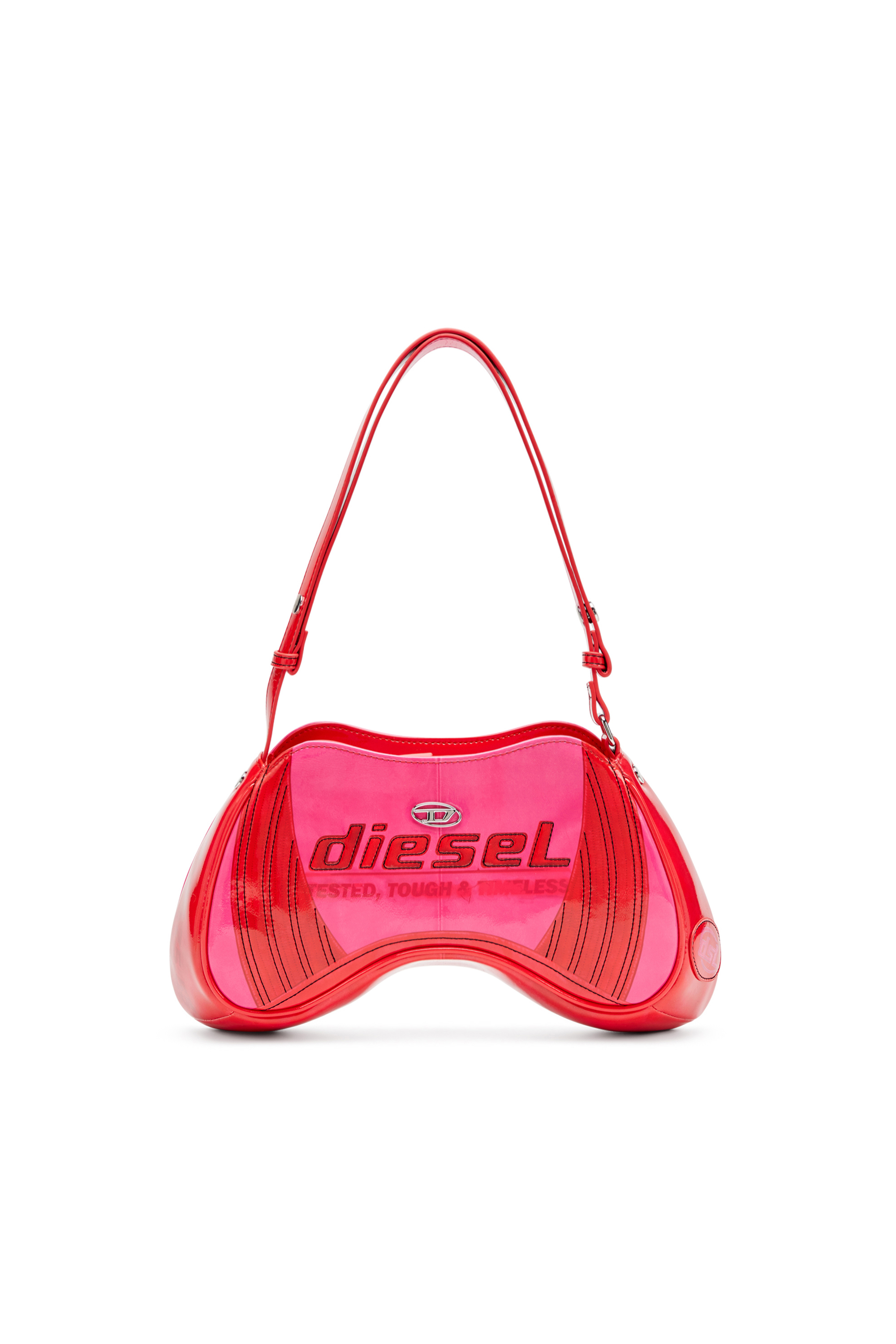 Diesel - PLAY SHOULDER, Woman's Glossy shoulder bag with biker details in Pink - 1