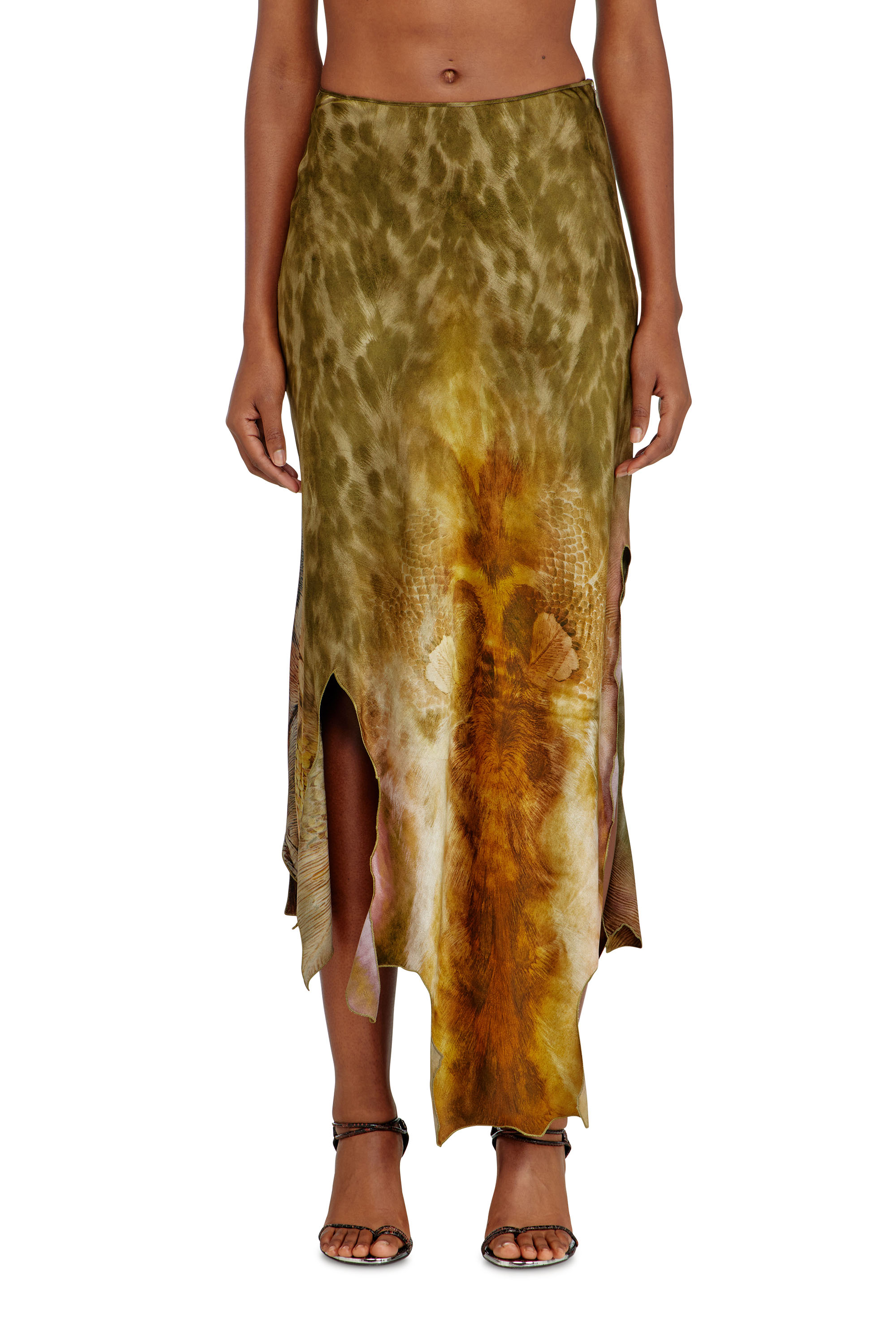 Diesel - O-TORN, Damen Langer, asymmetrischer Rock aus bedrucktem Satin in null - 1