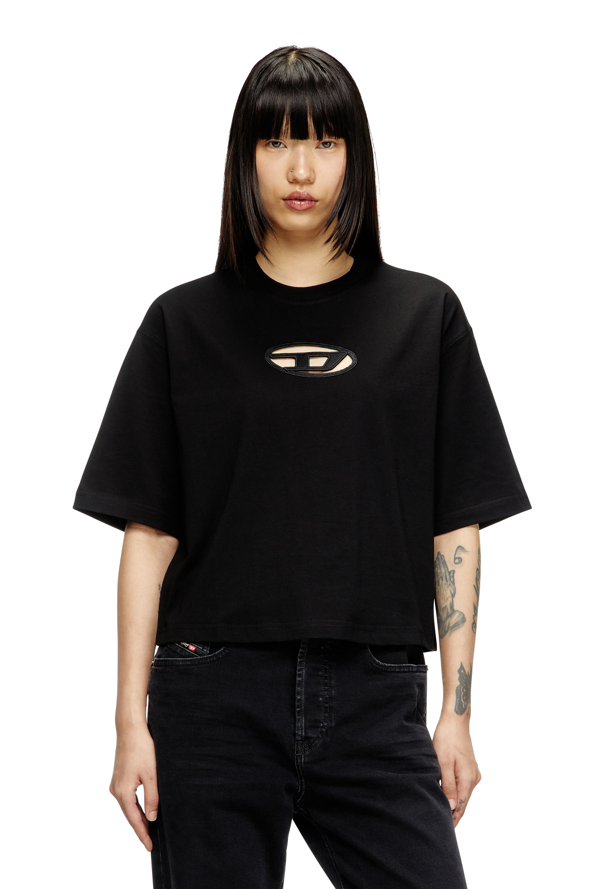 Diesel - T-ROWY-OD, Damen Kastiges T-Shirt mit D-Stickerei in Schwarz - 1