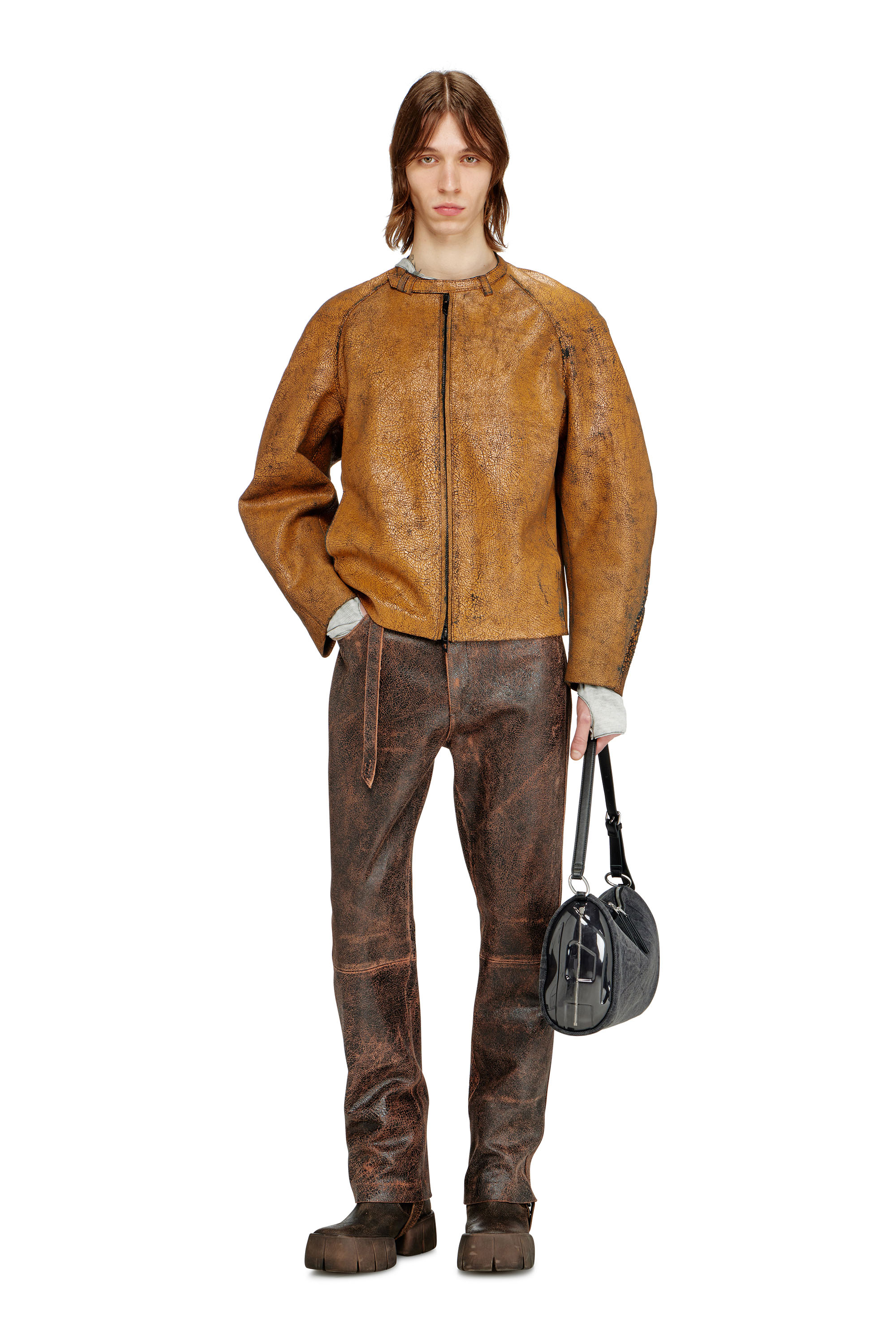 Diesel - L-NURI, Man's Cocoon-sleeve biker jacket in cracked leather in Brown - 2