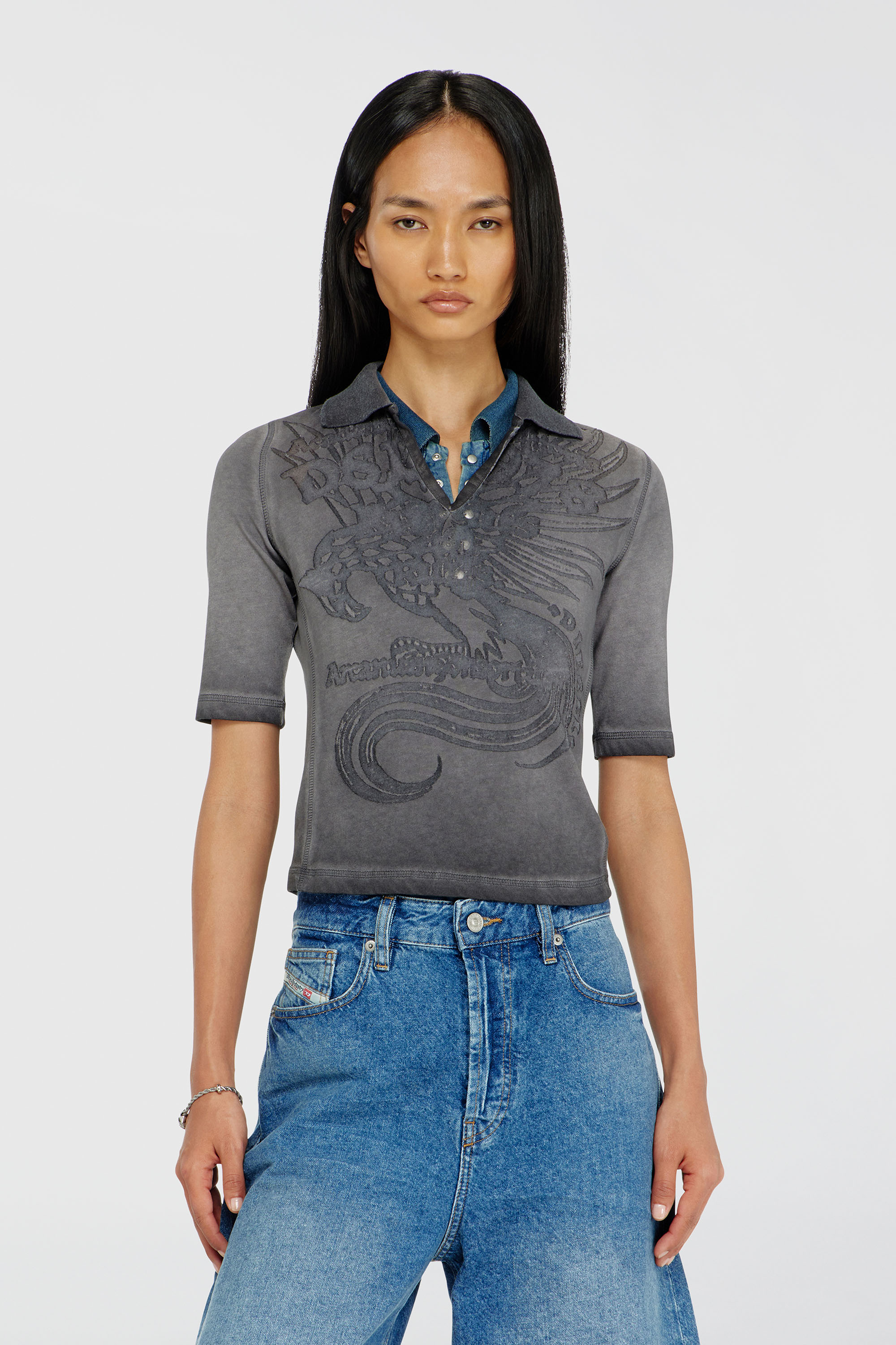 Diesel - T-BEA, Damen Slim-Poloshirt mit d&eacute;vor&eacute;-Print in Grau - 3