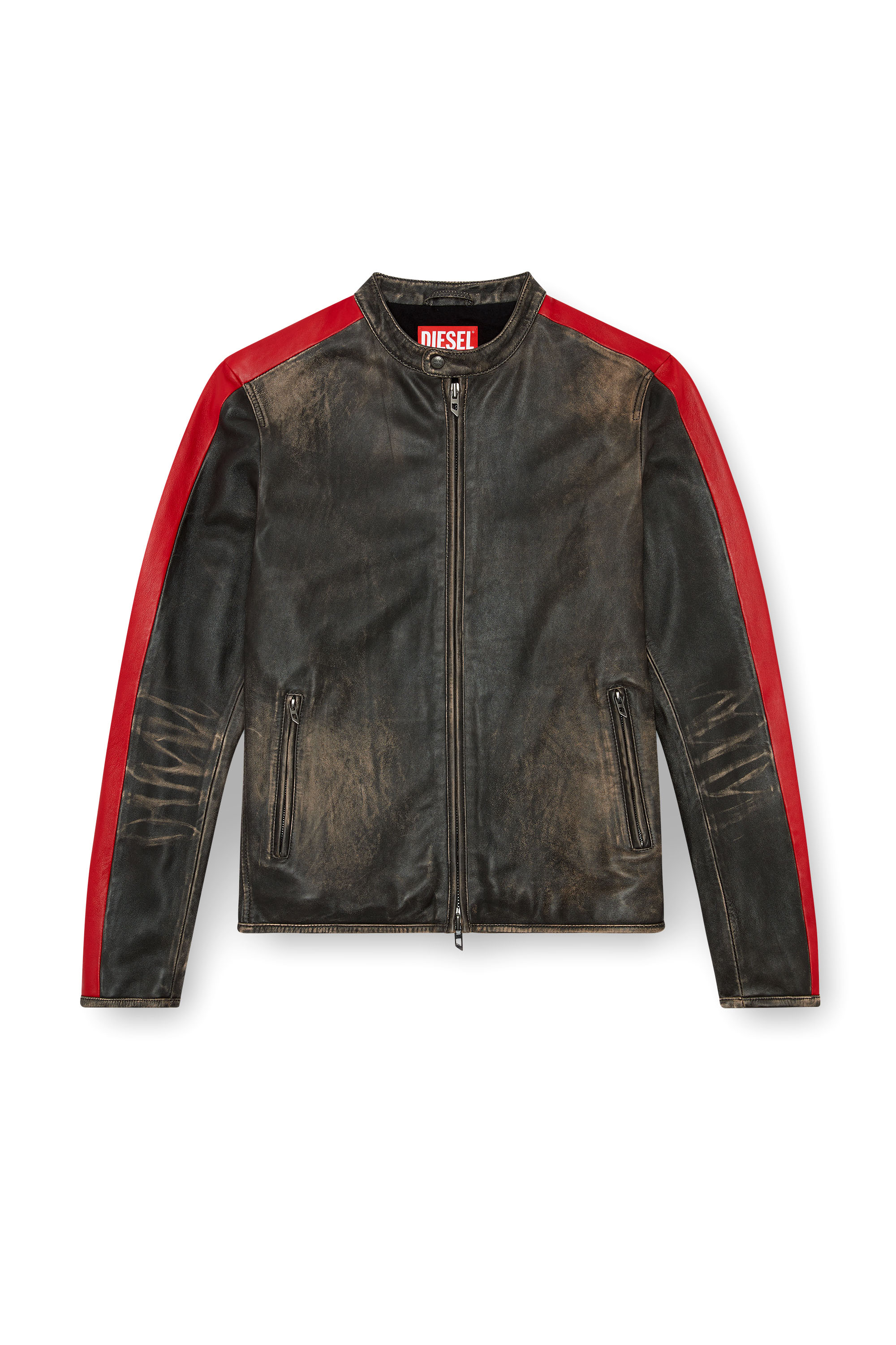 Diesel - L-RENN, Herren Jacke aus Leder mit kontrastfarbenen Streifen in Schwarz/Rot - 3