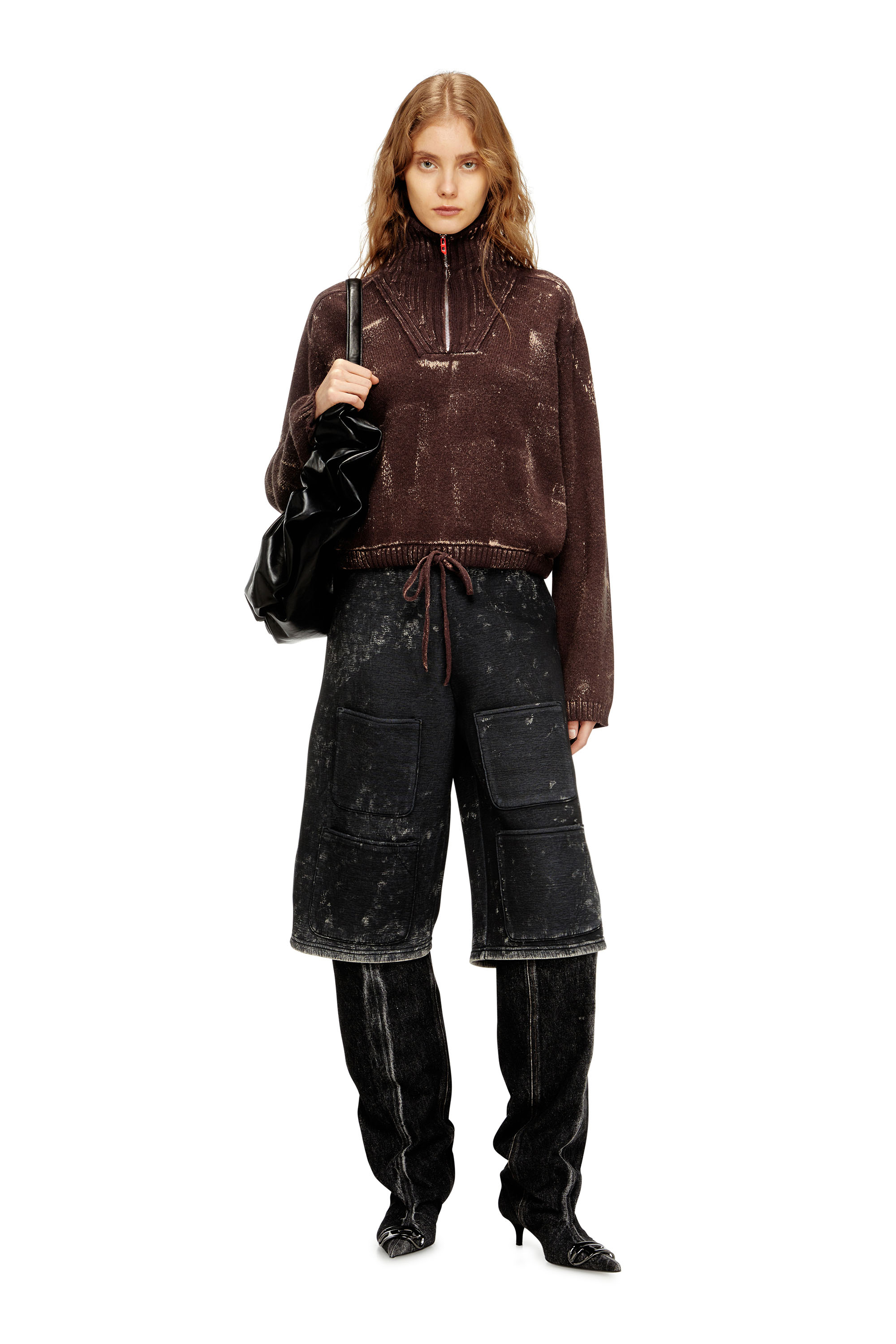 Diesel - M-MARCELLETTE, Damen Half-Zip-Pullover mit Used-Effekt in Braun - 2