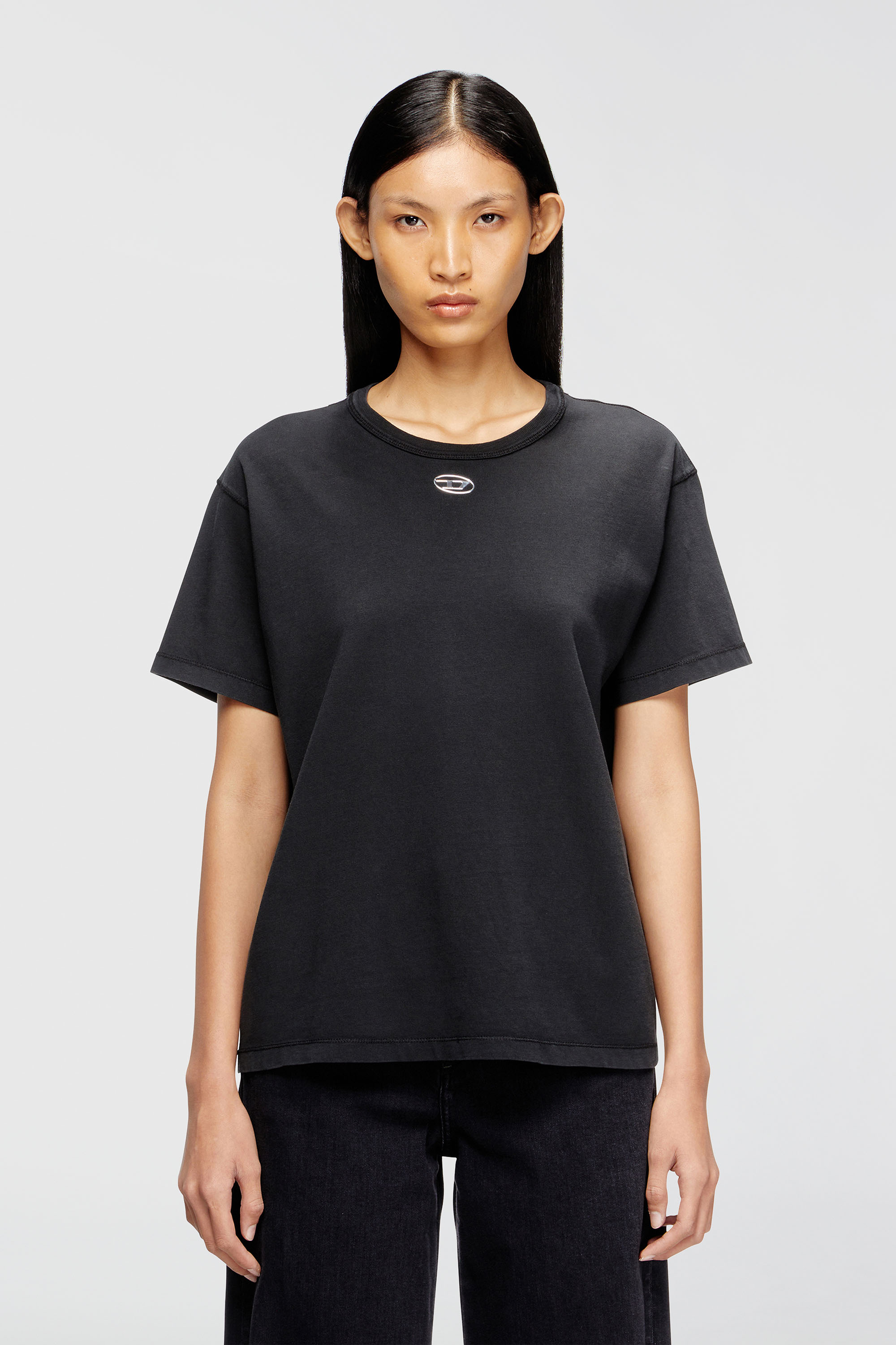 Diesel - T-NORMY-OD-S1, Damen Baumwoll-T-Shirt mit metallischem Oval D in Schwarz - 3