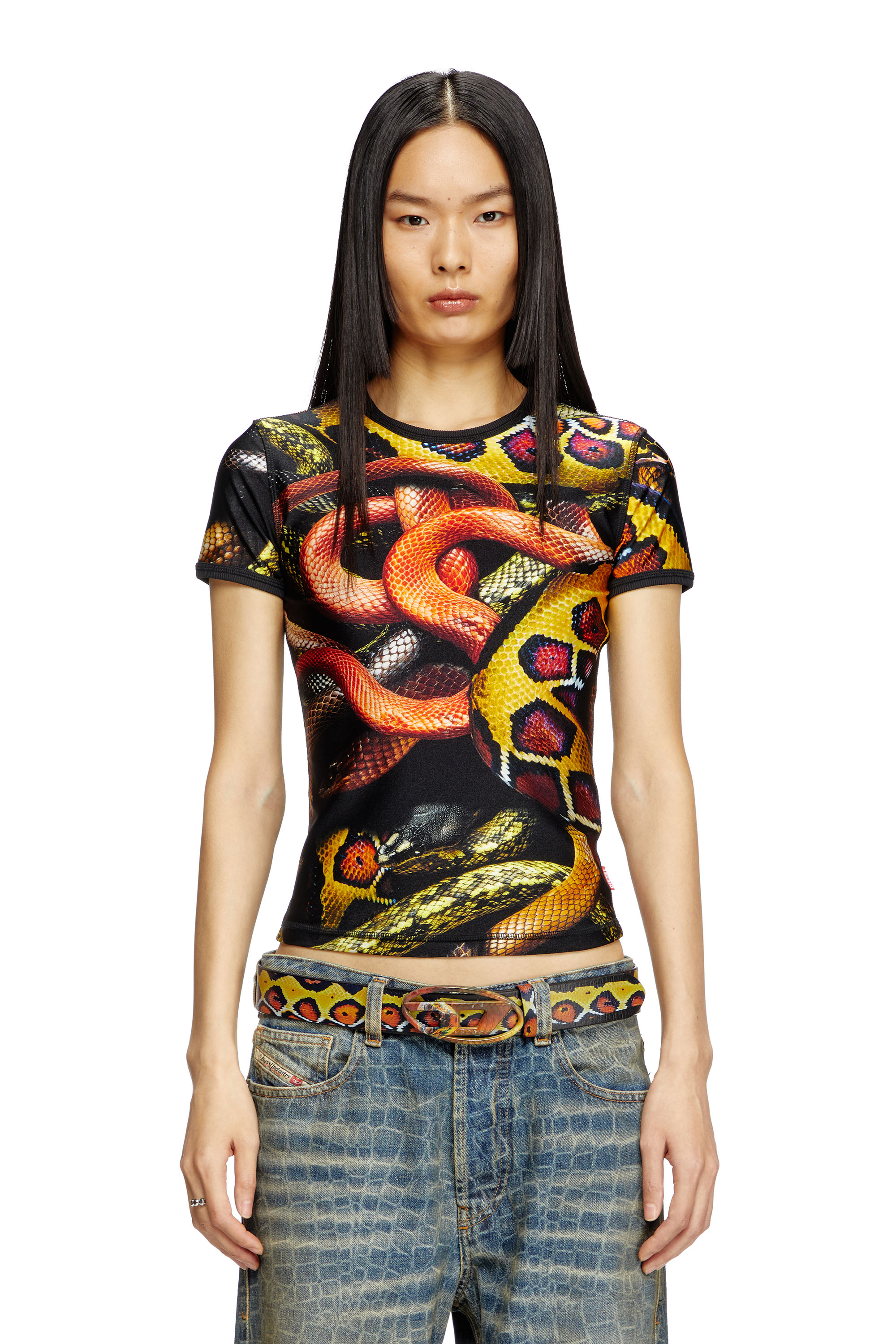 Diesel - CL-T-UNCLE-SNAKE, Unisex T-Shirt aus Lycra mit Allover-Schlangen-Print in Schwarz/Gelb - 5