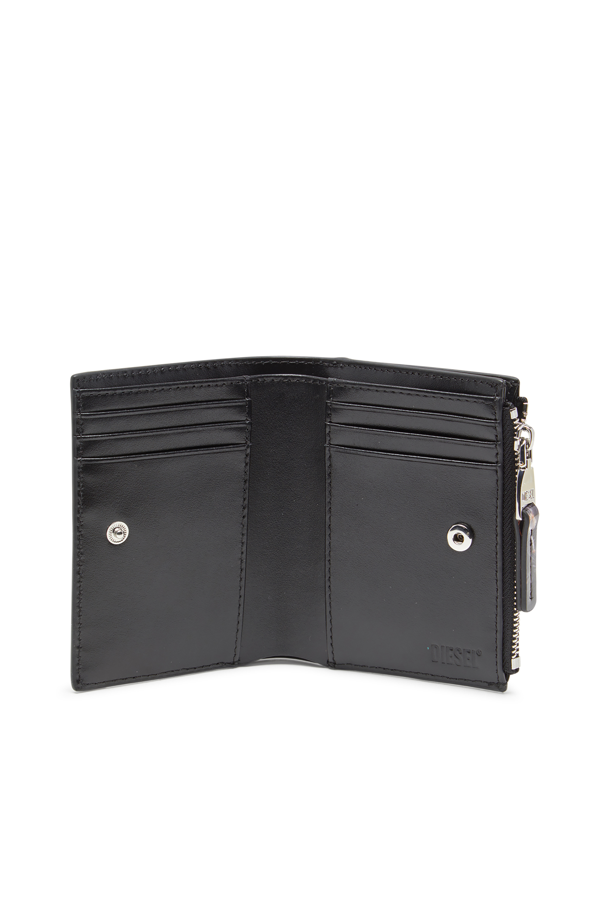Diesel - PLAY BI-FOLD ZIP II, Damen Kleines Portemonnaie aus bedrucktem glänzendem PU in Schwarz/Braun - 3