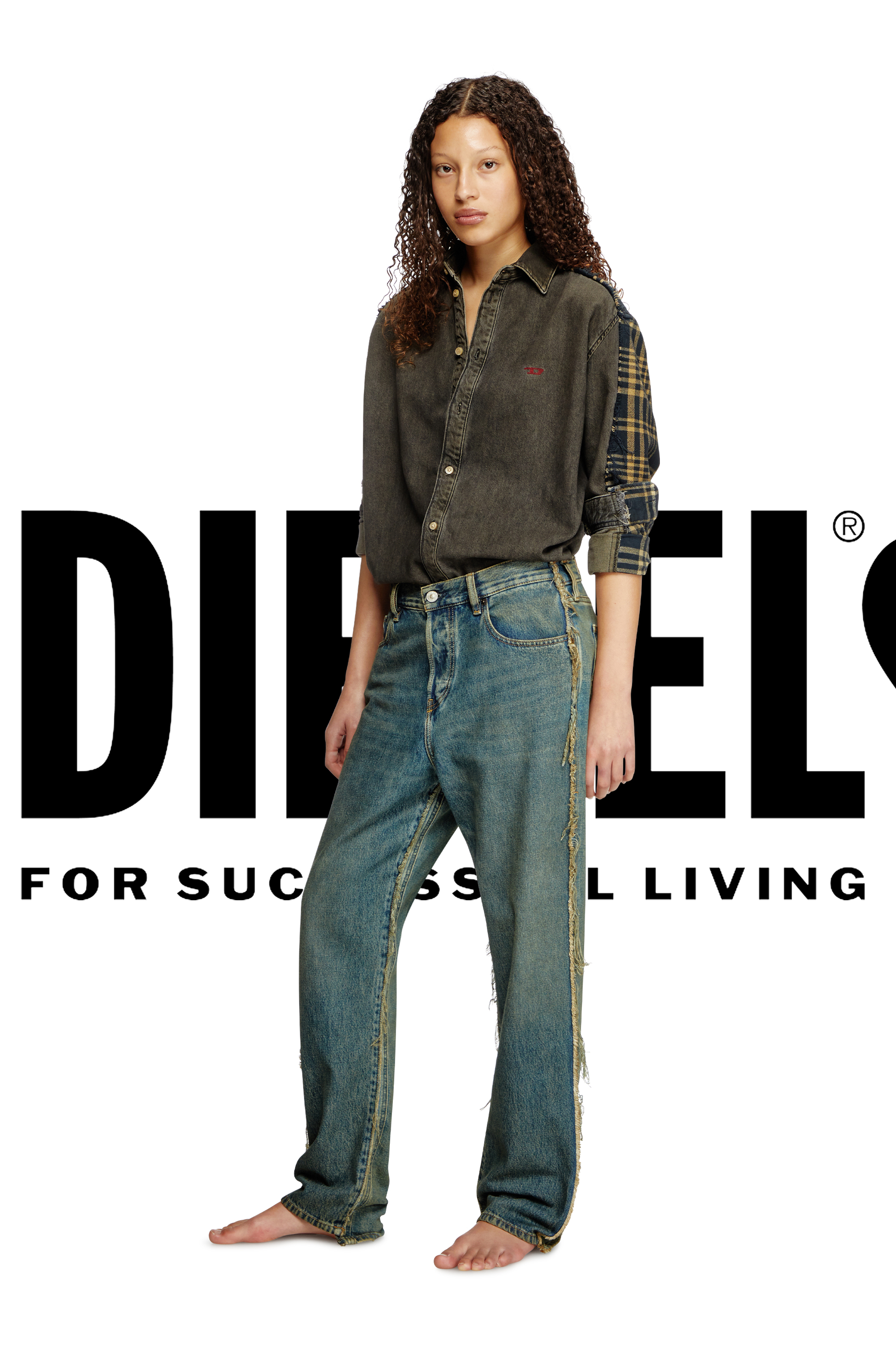 Diesel - Shirt Dieseloves 5A, Unisex Überfärbtes Denim und Karo-Hemd in Schwarz/Blau - 3