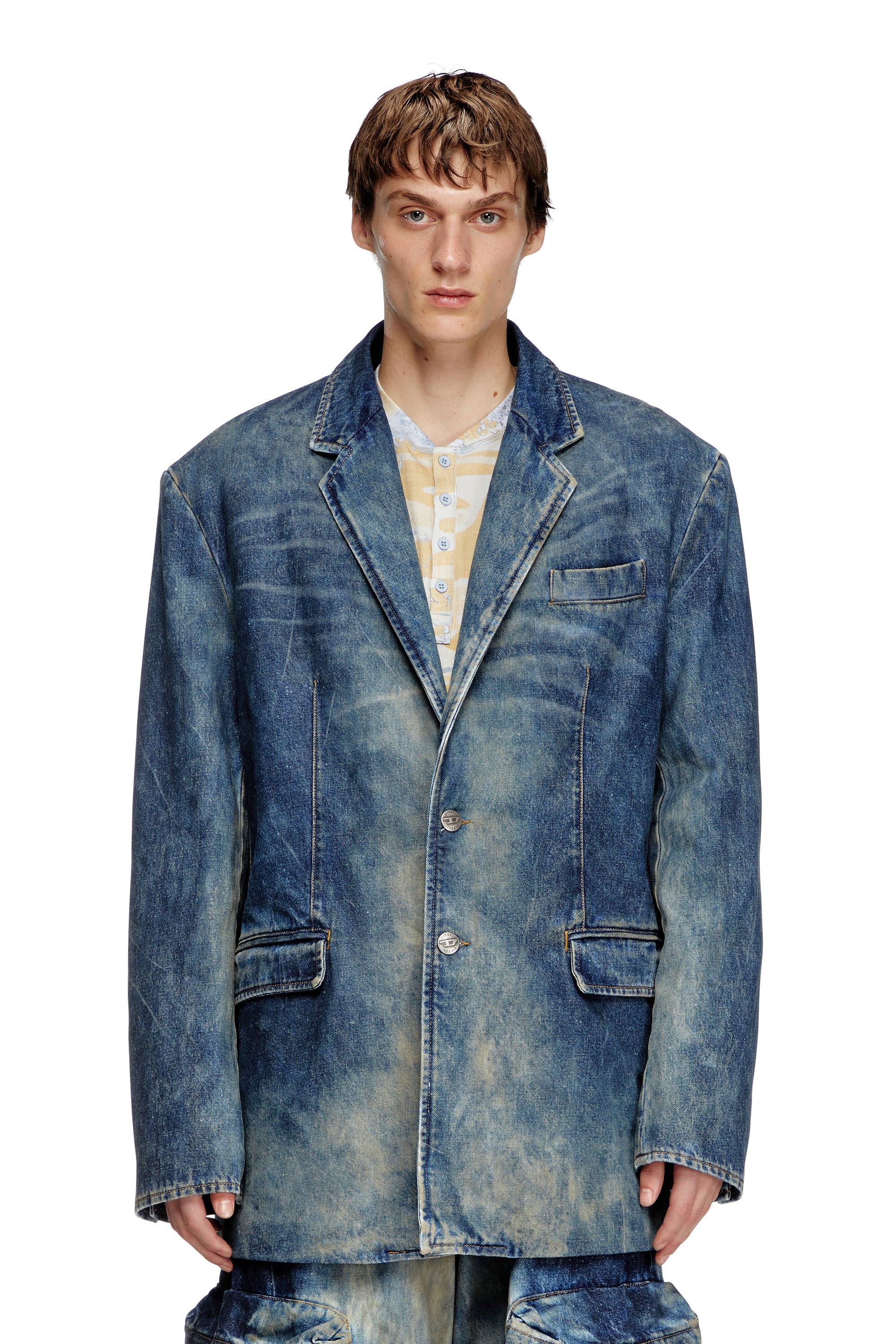 Diesel - D-OVER-DD, Unisex Blazer aus von Hand behandeltem Denim mit Schmutz-Effekt in Dunkelblau - 2