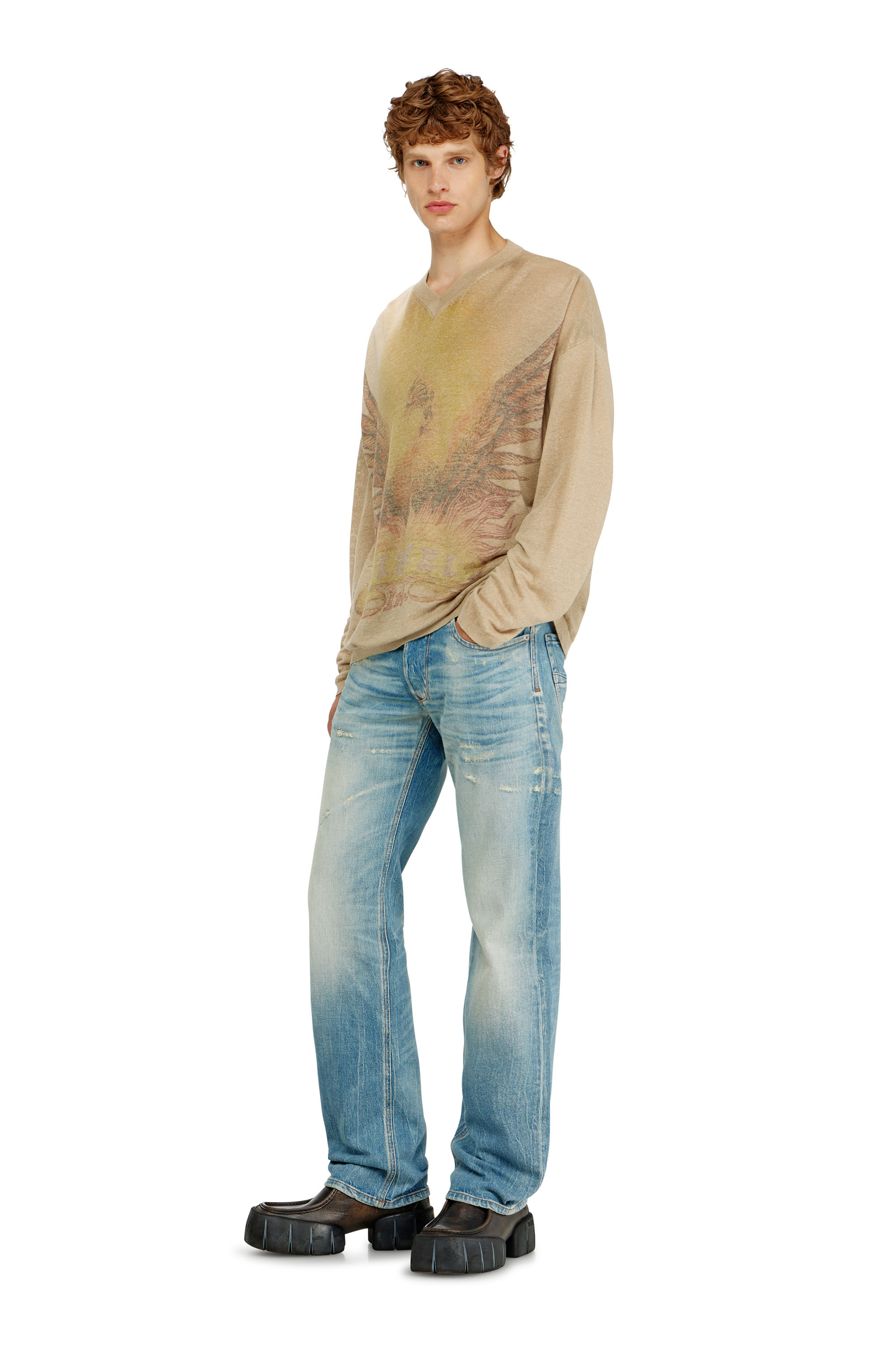 Diesel - K-ARMINS, Herren Leinenpullover mit verblasstem Phoenix-Print in Beige - 1