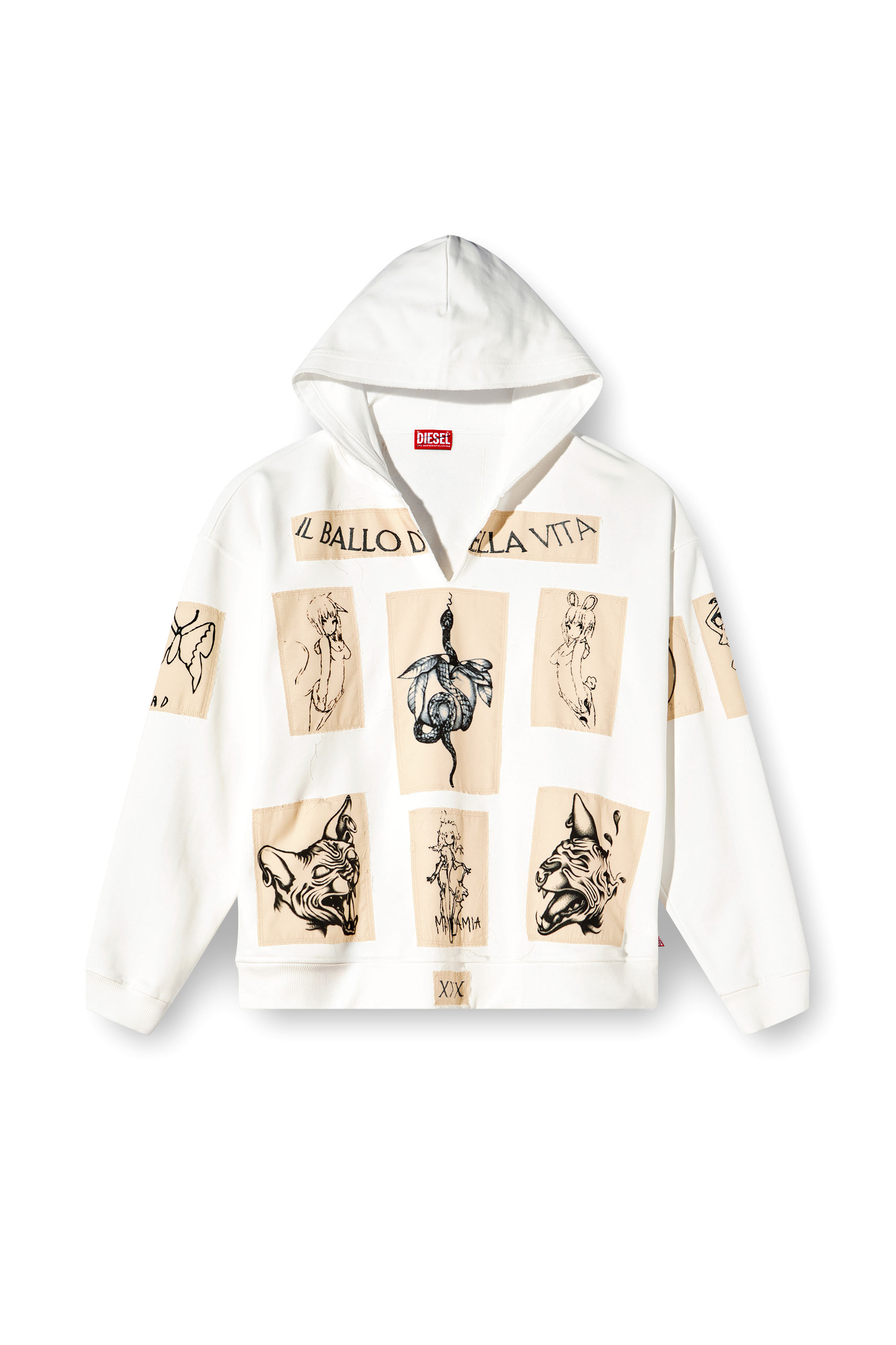 Diesel - S-BOXT-HOOD-DD, Unisex Hoodie mit Tattoo-Patches in Weiß - 4