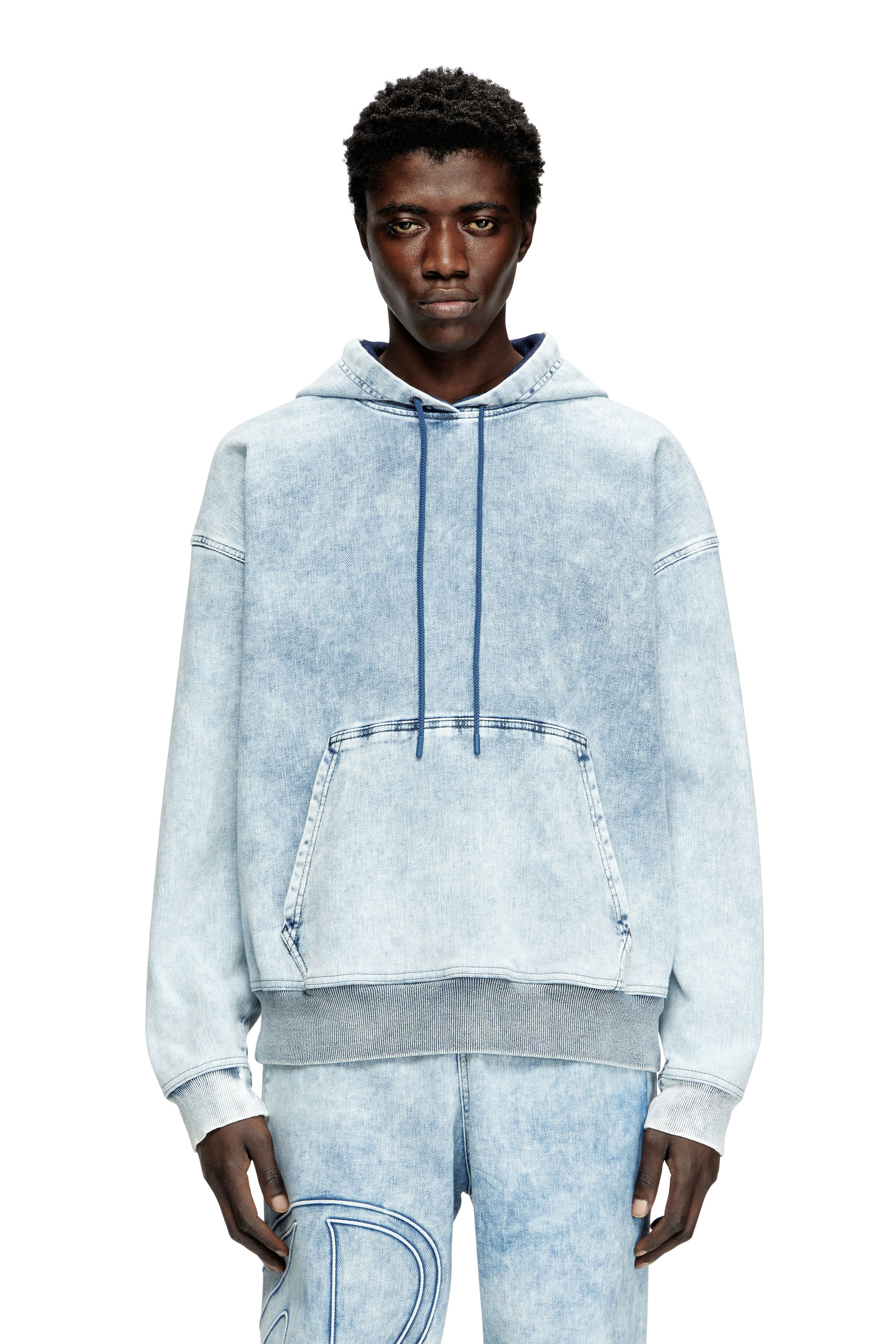 Diesel - D-REBBIT-S-TRACK, Unisex Hoodie aus marmoriertem Denim in Hellblau - 1