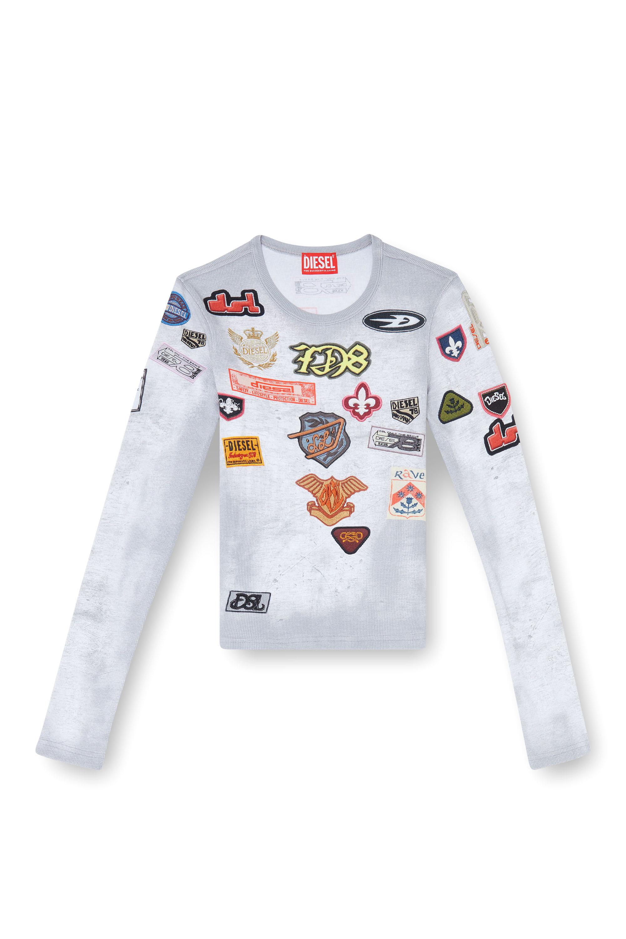Diesel - T-ELE-LONGSLEEVE, Damen Top aus Rippjersey mit all-over Patch-Print in null - 3