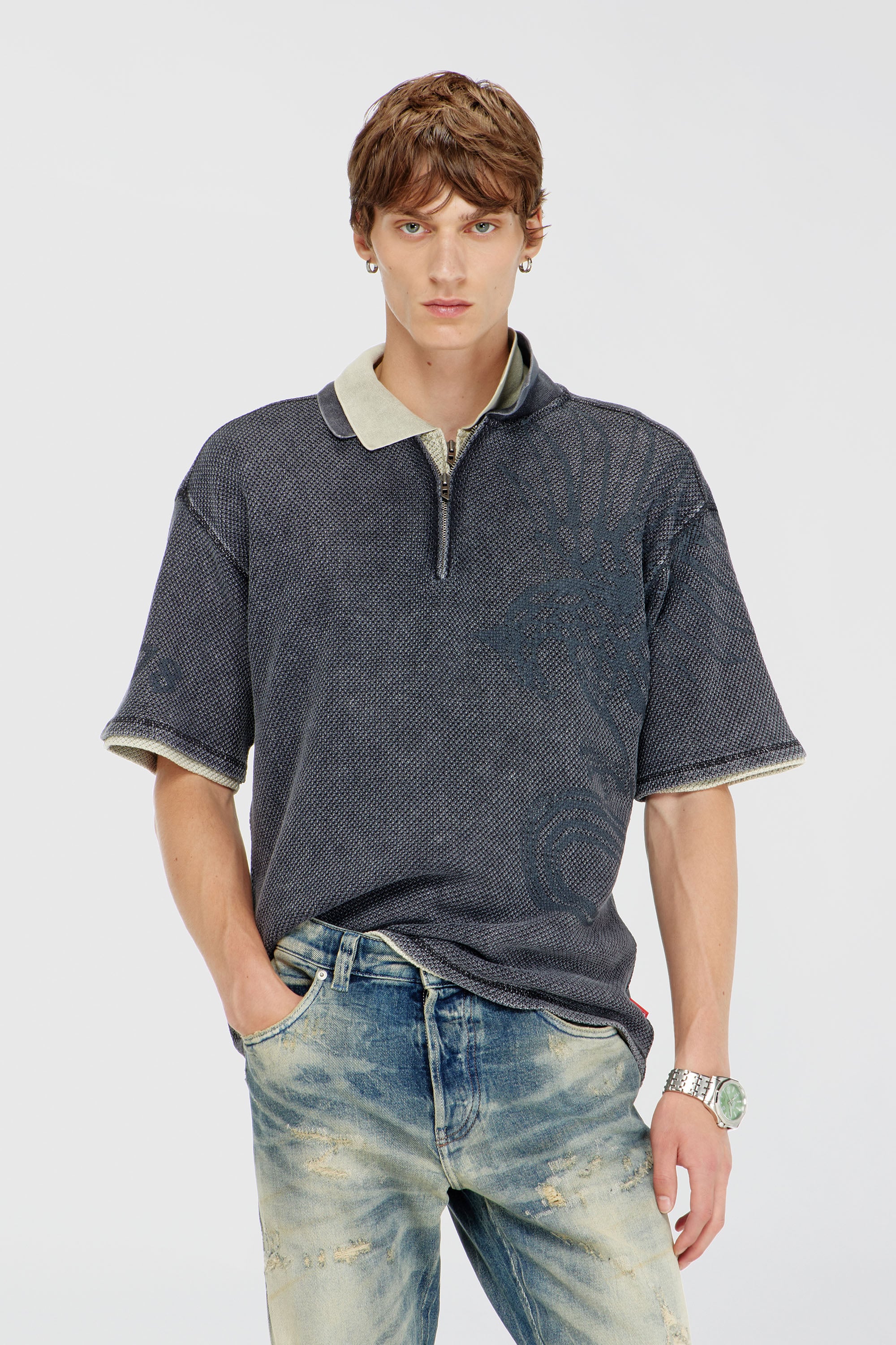 Diesel - T-ERRY-ZIP, Herren Mesh-Jacquard-Poloshirt mit Phoenix-Print in Dunkelgrau - 1