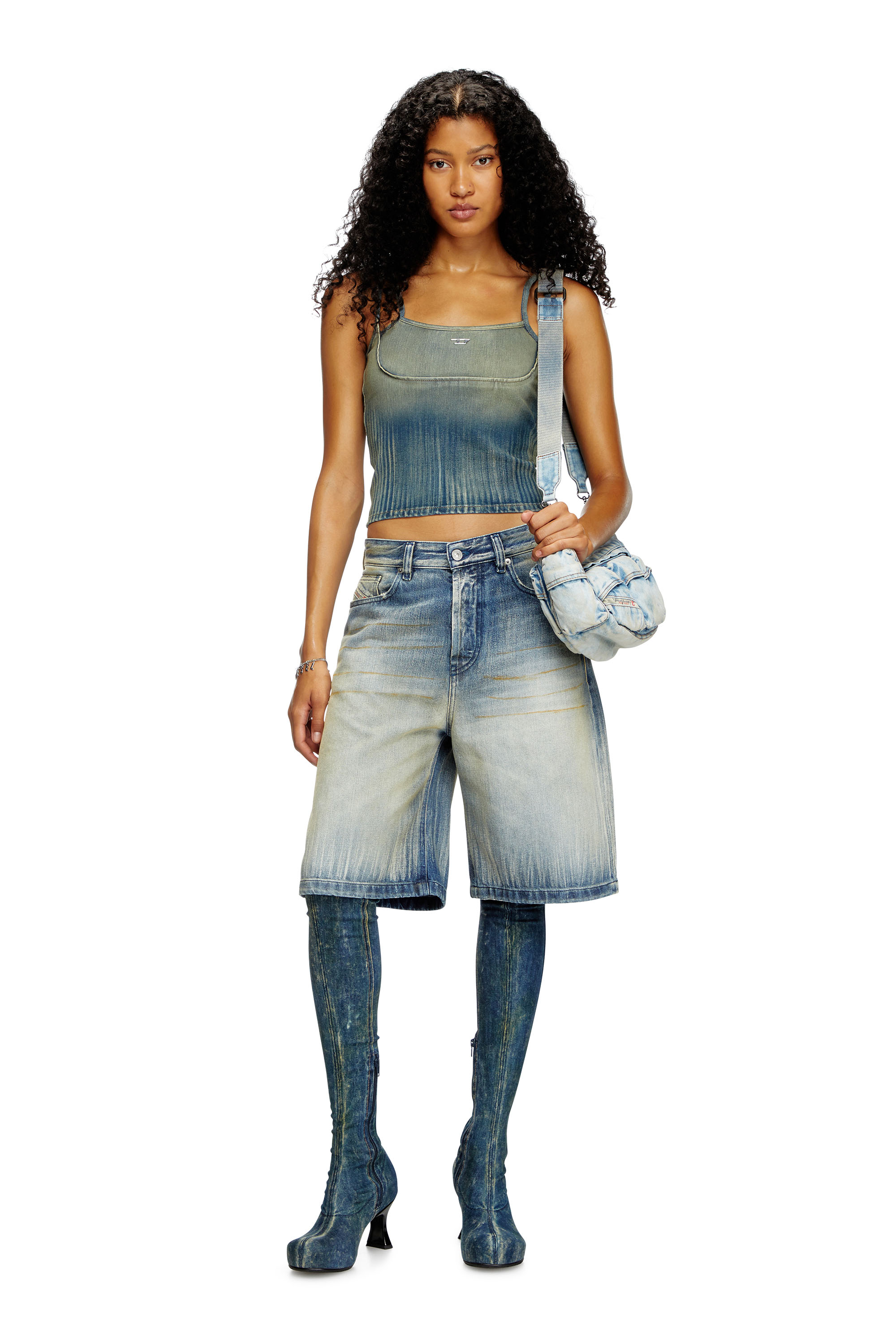 Diesel - DE-MADDY-S, Damen Cropped Top aus leicht gestreiftem Denim in Mittelblau - 2