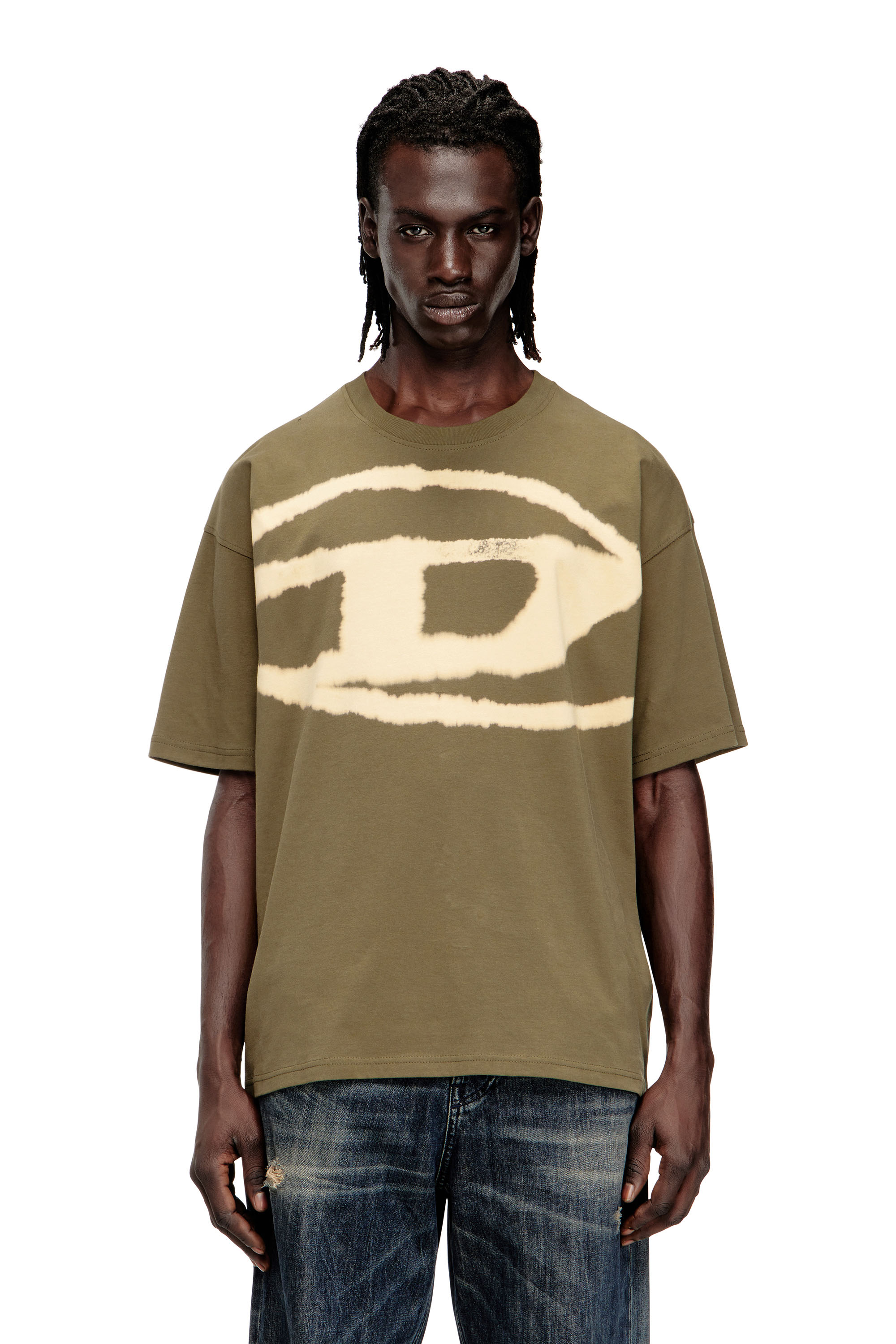 Diesel - T-BOXT-BLEACH, Herren T-Shirt mit gebleichtem Oval D-Logo in Armeegrün - 1