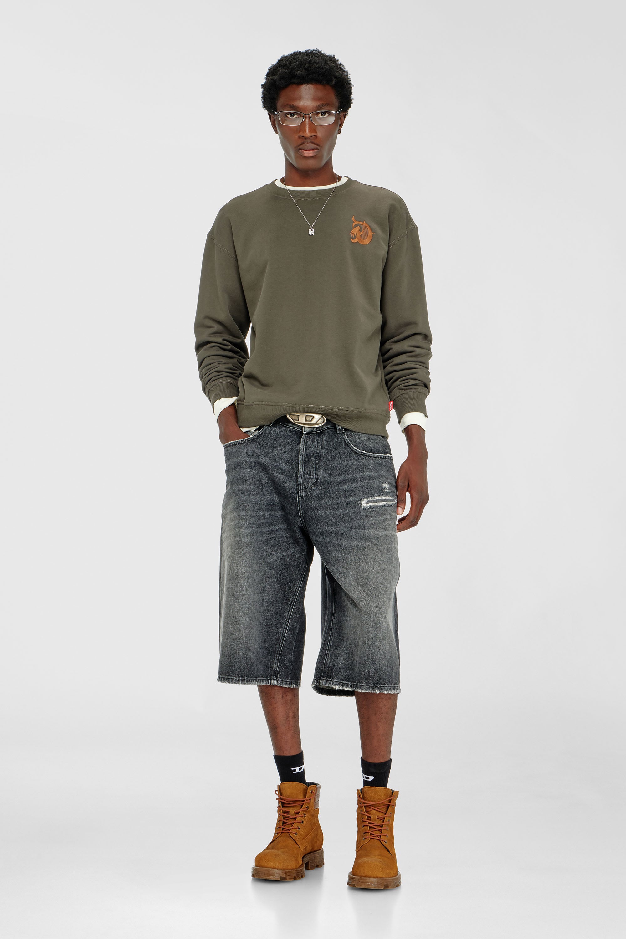 Diesel - S-NORM-AA4, Herren Sweatshirt mit Stickerei und Flockprint in Armeegr&uuml;n - 2