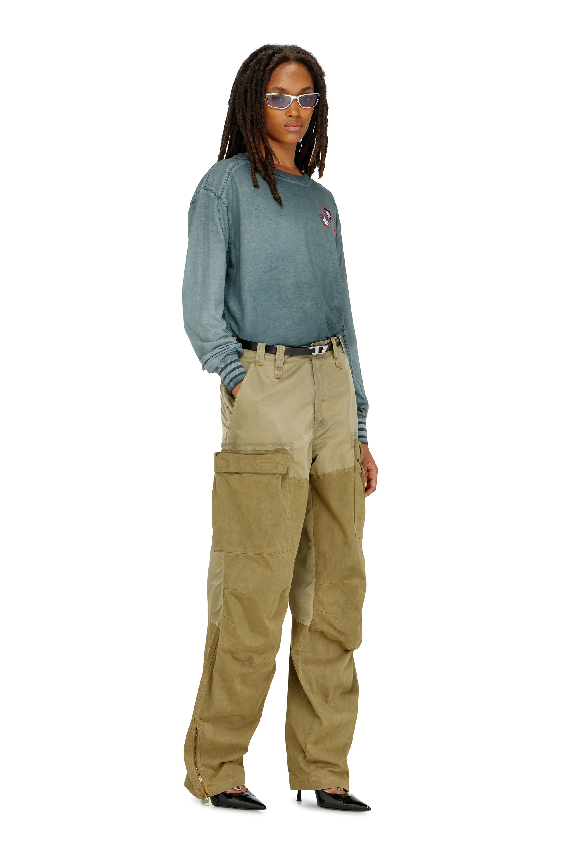 Diesel - T-BAWYE-LS, Damen T-Shirt mit Patches und Mikrowaffel-Eins&auml;tzen in null - 1