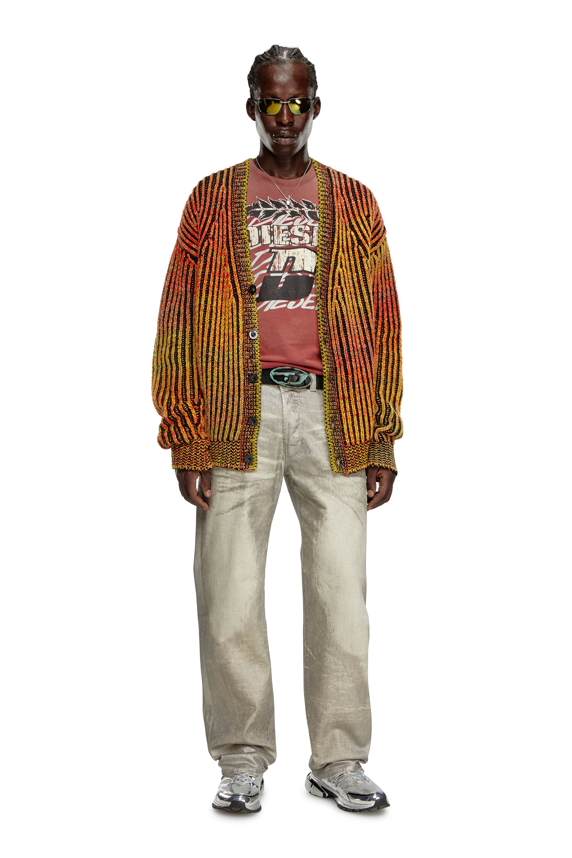 Diesel - K-OAKLAND-CR, Man Striped ribbed cardigan in wool blend in Orange - Image 2
