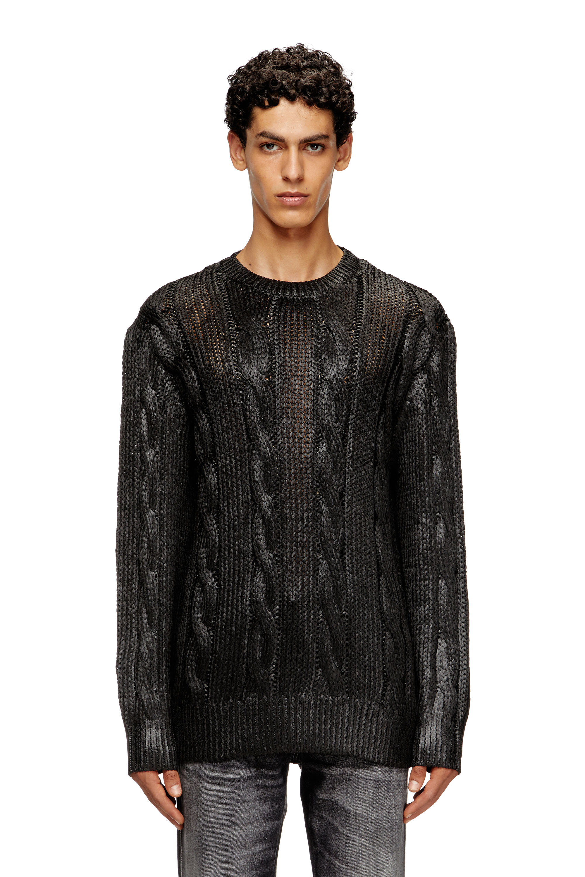 Diesel - K-MICHIU, Herren Pullover mit Zopf-Muster und Glanzeffekt in Schwarz - 1