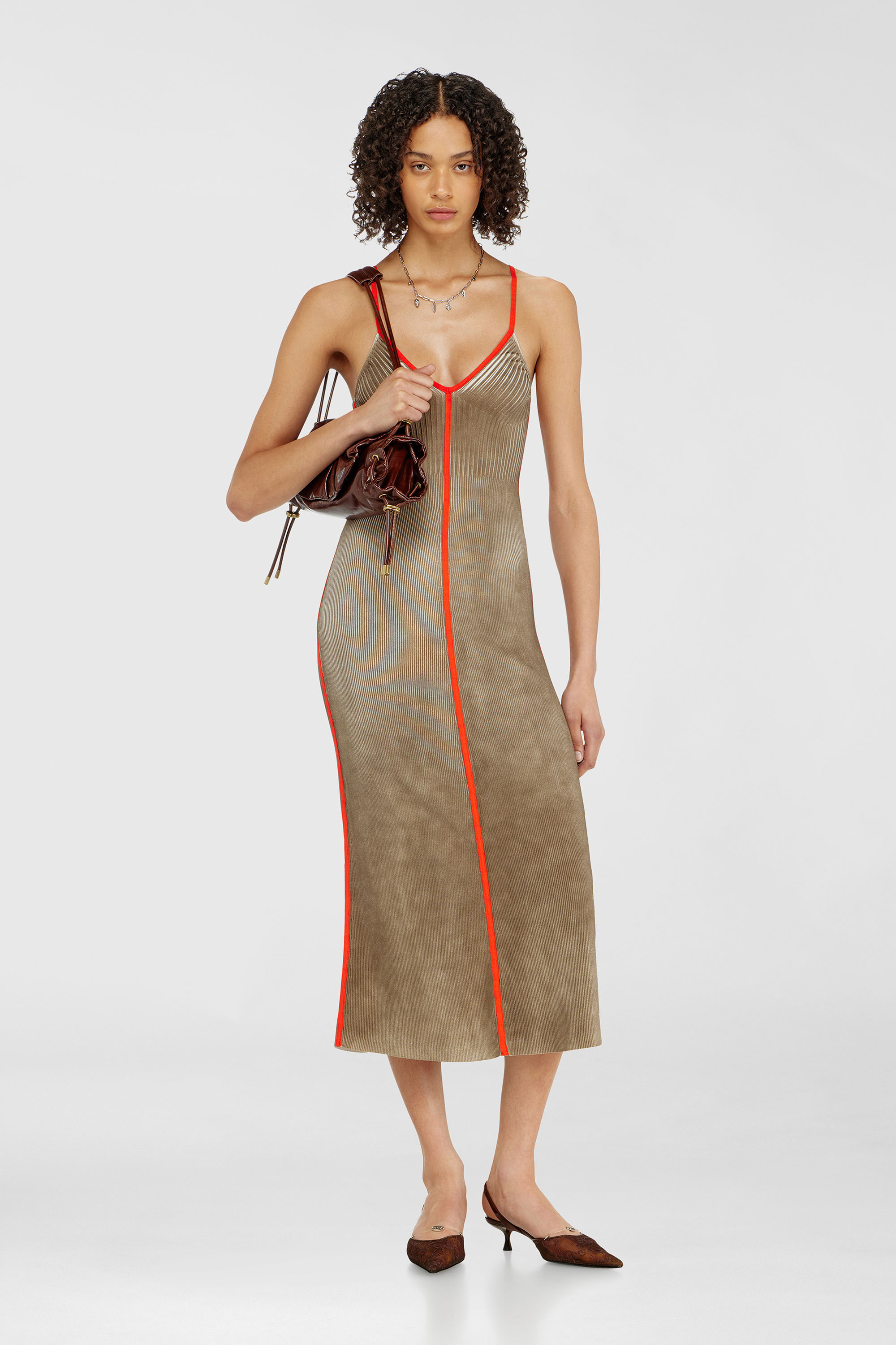 Diesel - M-SARMELA, Damen Rippenstrick-Midikleid mit kontrastierenden B&auml;ndern in Rot/Braun - 2