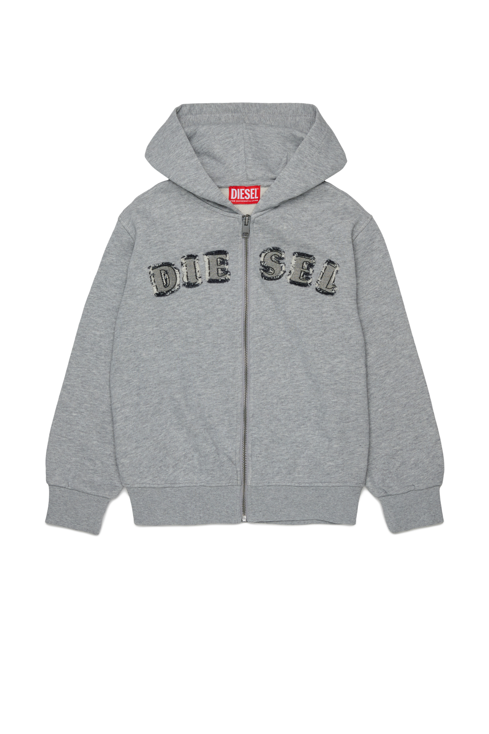 Diesel - SJEANSHOOD OVER, Herren Kapuzensweatshirt mit ausgefransten Logo-Buchstaben mit Rei&szlig;verschluss in Grau - 1