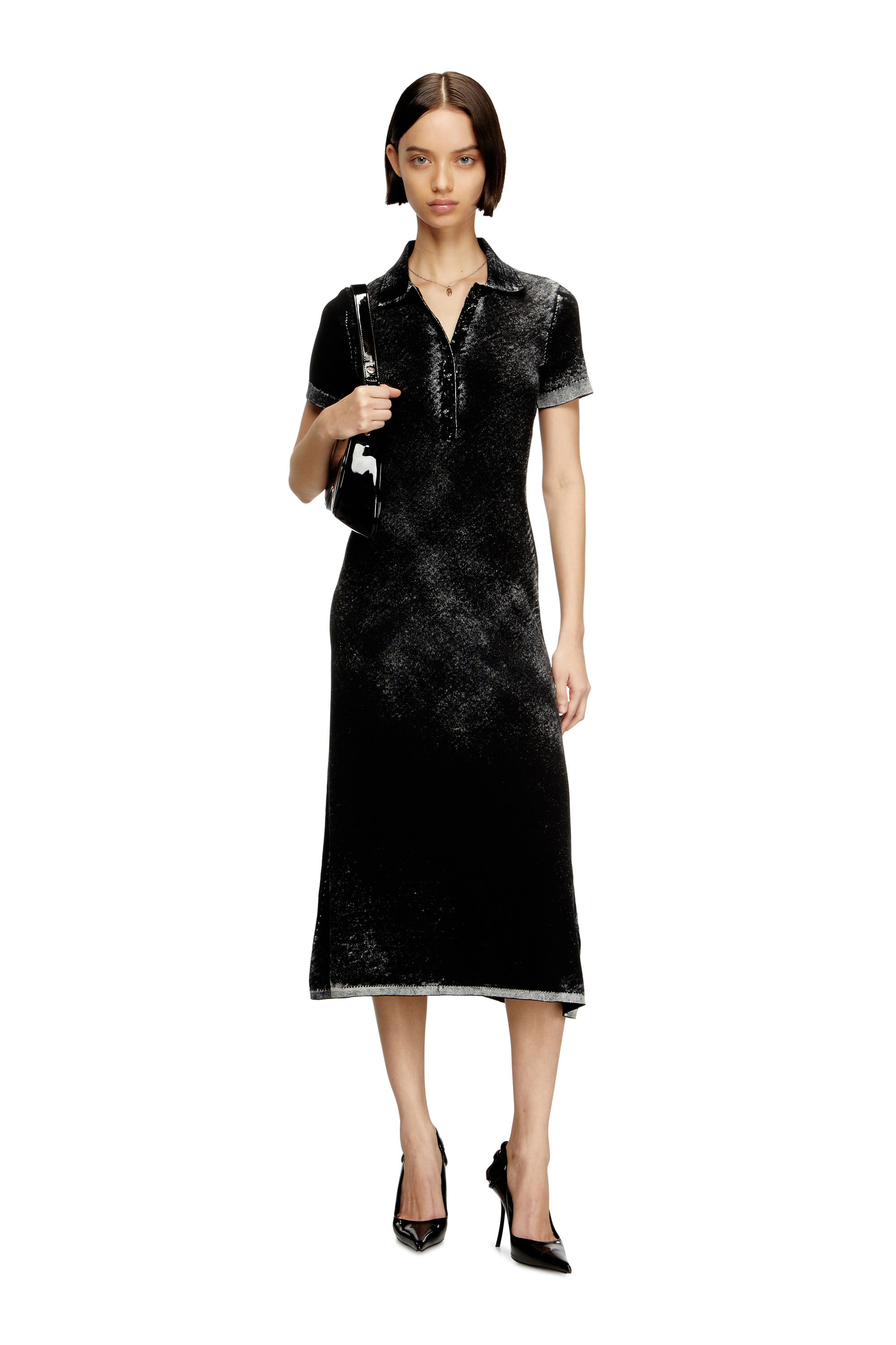 Diesel - M-LOURENS, Damen Midi-Polokleid aus umgekehrt bedrucktem Strick in Schwarz - 3