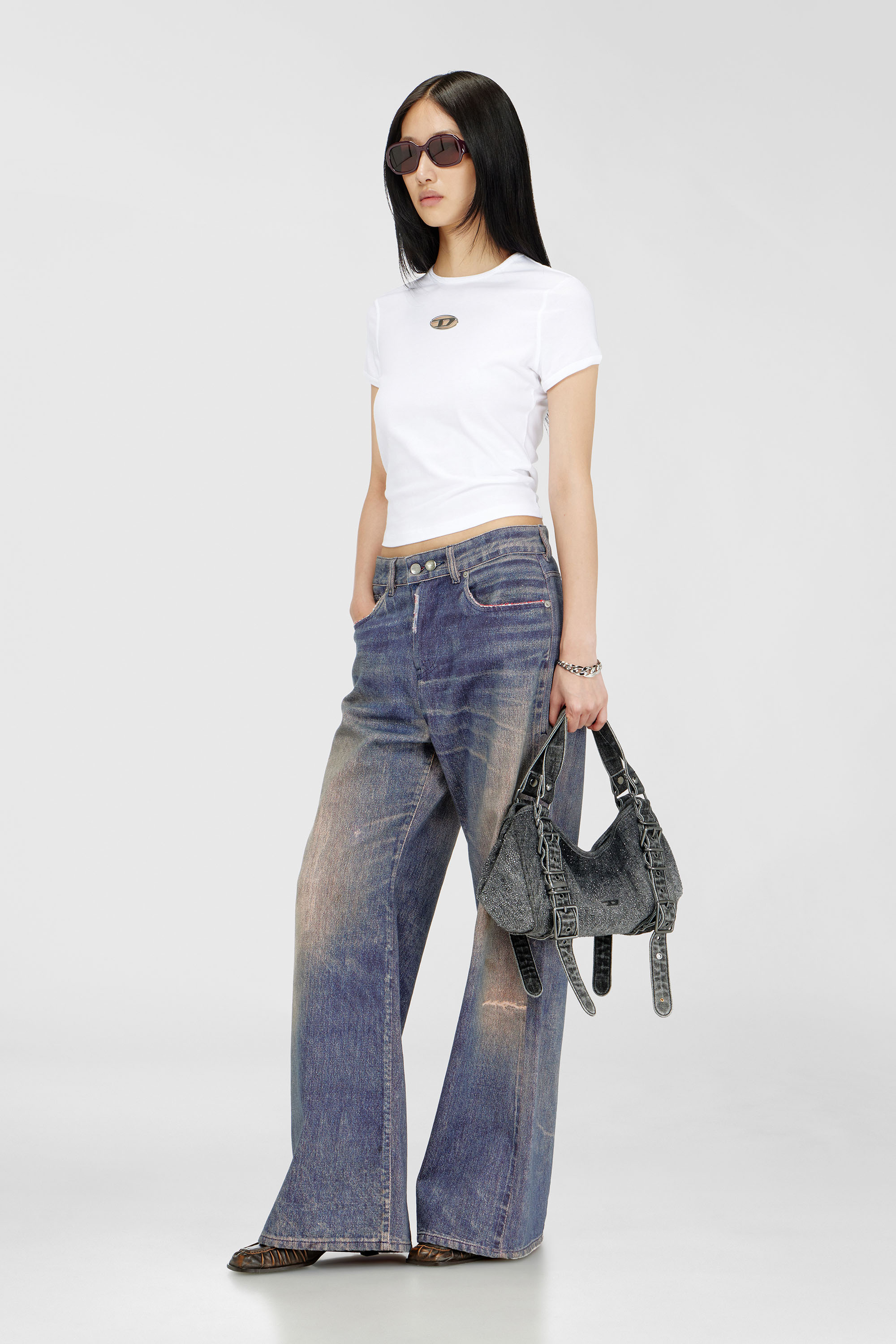 Diesel - D-ONE TOPHANDLE S, Damen D-One-Small Henkeltasche aus solarisiertem Denim mit Kristallen in Schwarz - 3