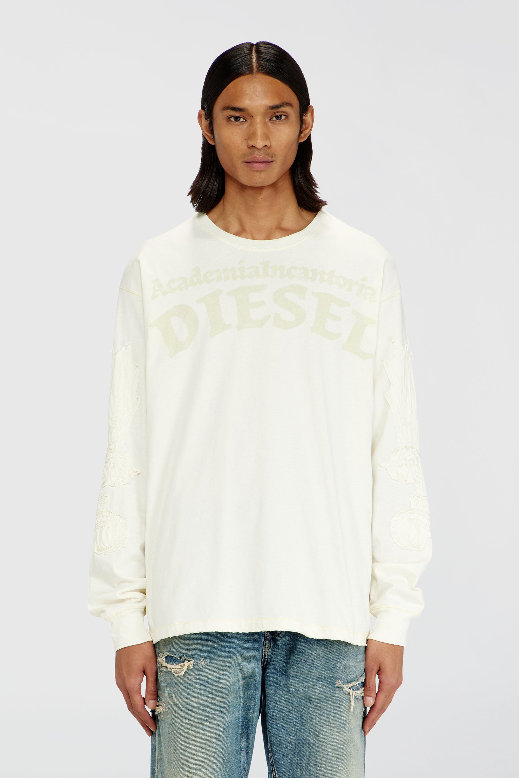 Diesel - T-NORM-LS-AA3, Herren Langarm-T-Shirt mit Prints und Patches in Wei&szlig; - 1