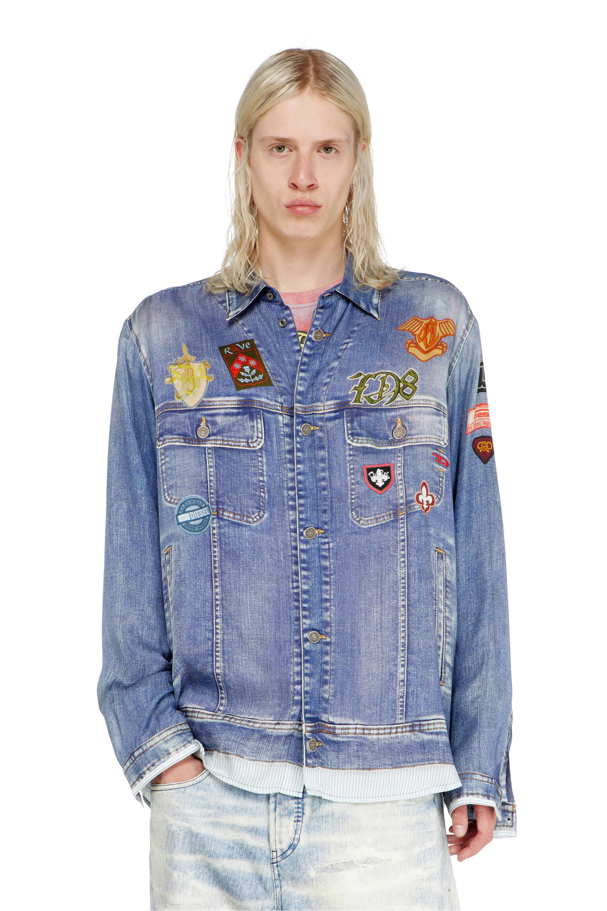 Diesel - S-SIMPLY-PATCH, Herren Satinhemd mit trompe-l'oeil denim-print in null - 3