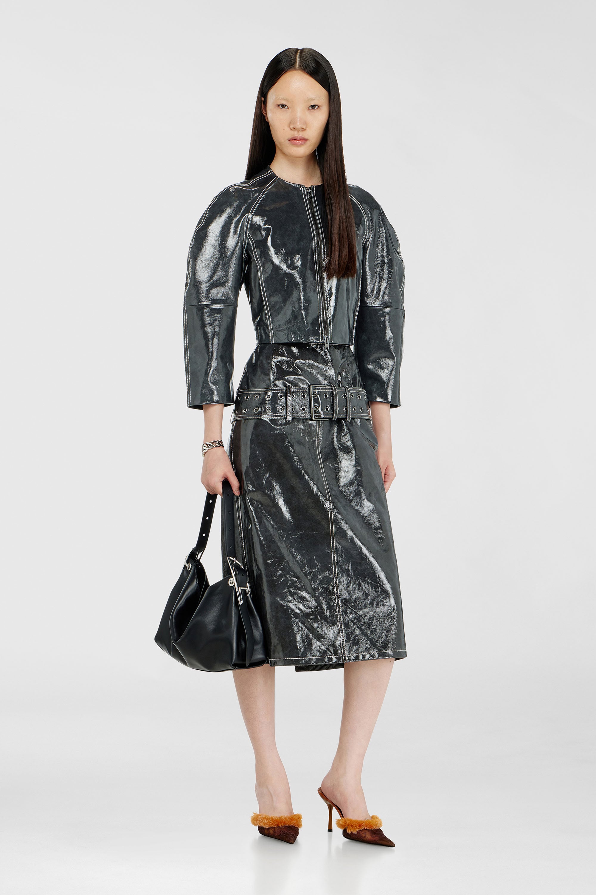 Diesel - L-ASCAR, Woman's Patent-leather midi skirt with belt in Dark grey - 1