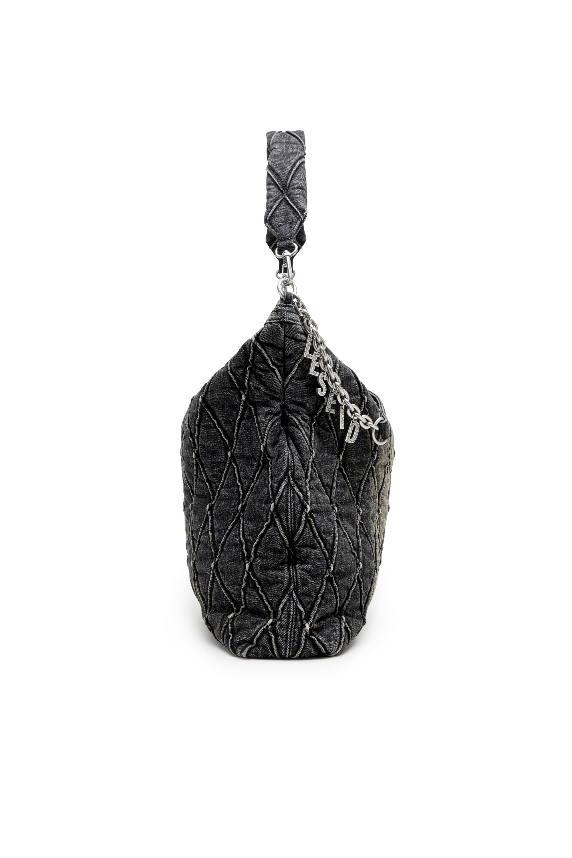 Diesel - CHARM-D HOBO, Damen Charm-D-Große Hobo-Tasche aus behandeltem, gestepptem Denim in Schwarz - 4