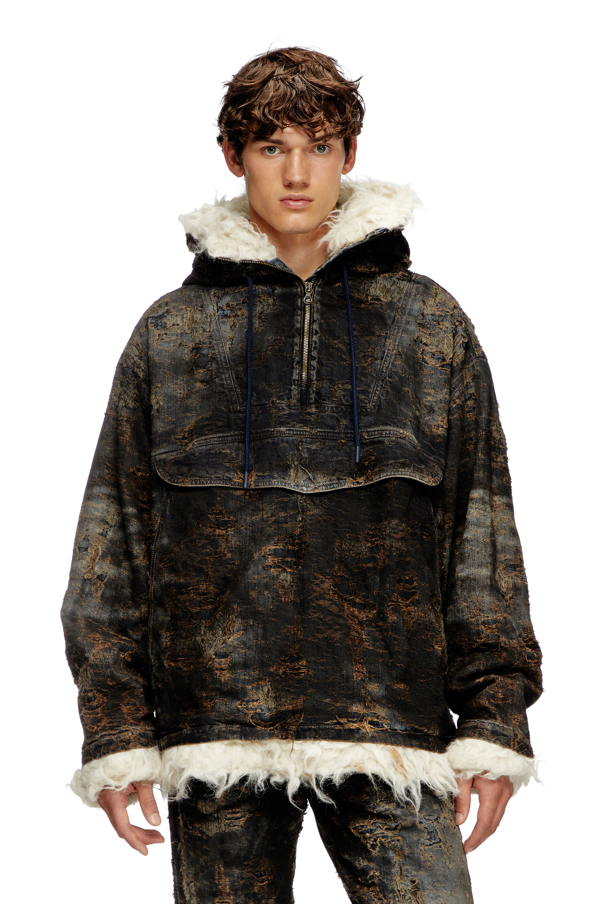 Diesel - D-ARAK-FSF, Unisex's Anorak in coated jacquard denim in Black/Brown - 1